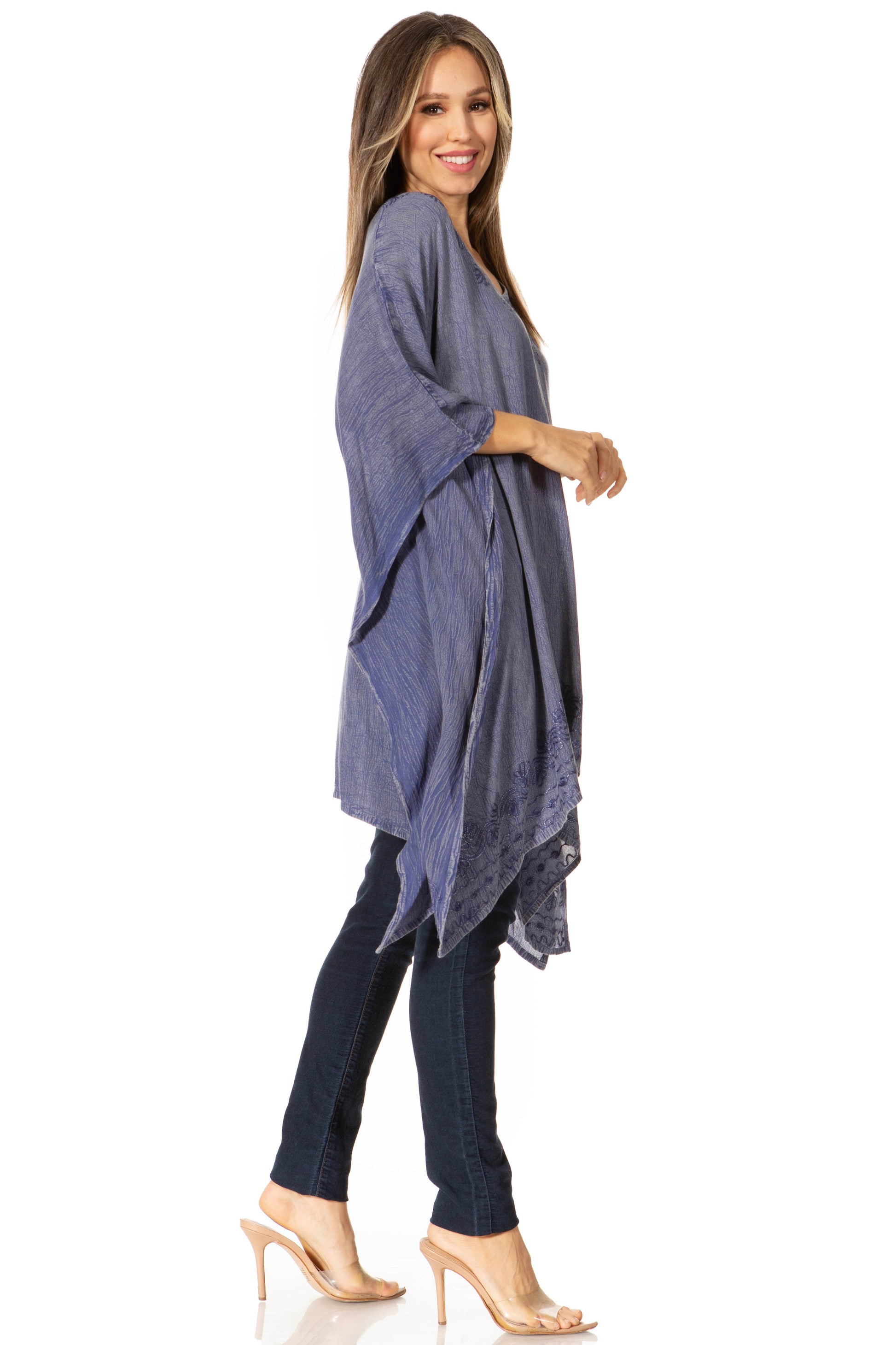 Sakkas Wren Lightweight Circle Poncho Top Blouse With Detailed Embroidery - Concordia Style Boutique