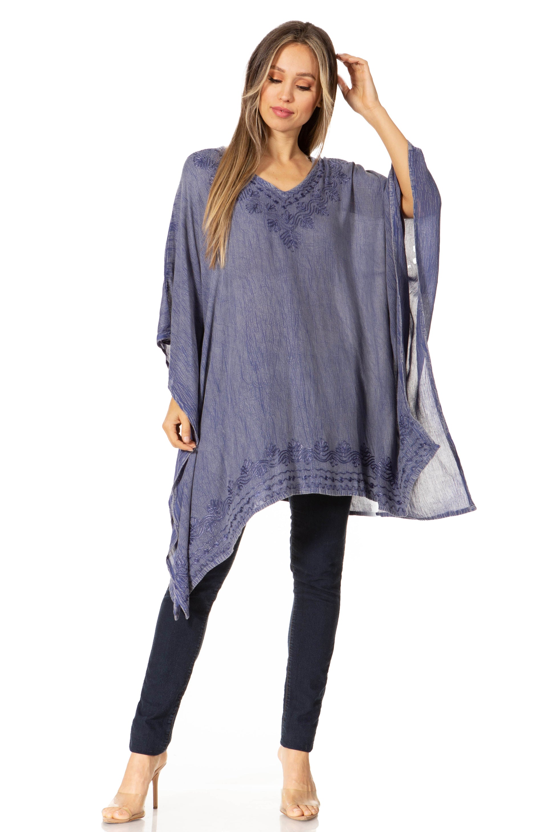 Sakkas Wren Lightweight Circle Poncho Top Blouse With Detailed Embroidery - Concordia Style Boutique