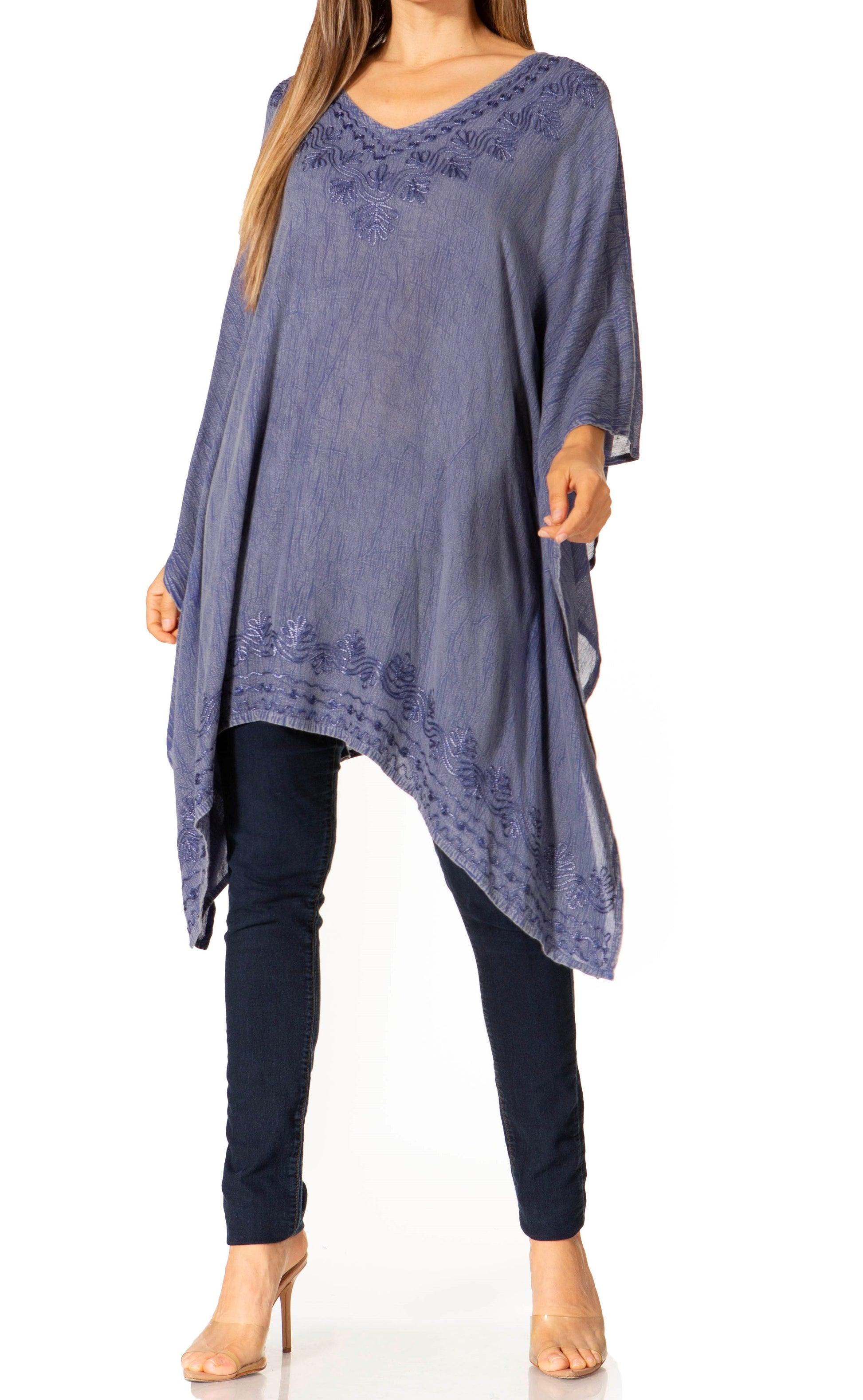 Sakkas Wren Lightweight Circle Poncho Top Blouse With Detailed Embroidery - Concordia Style Boutique