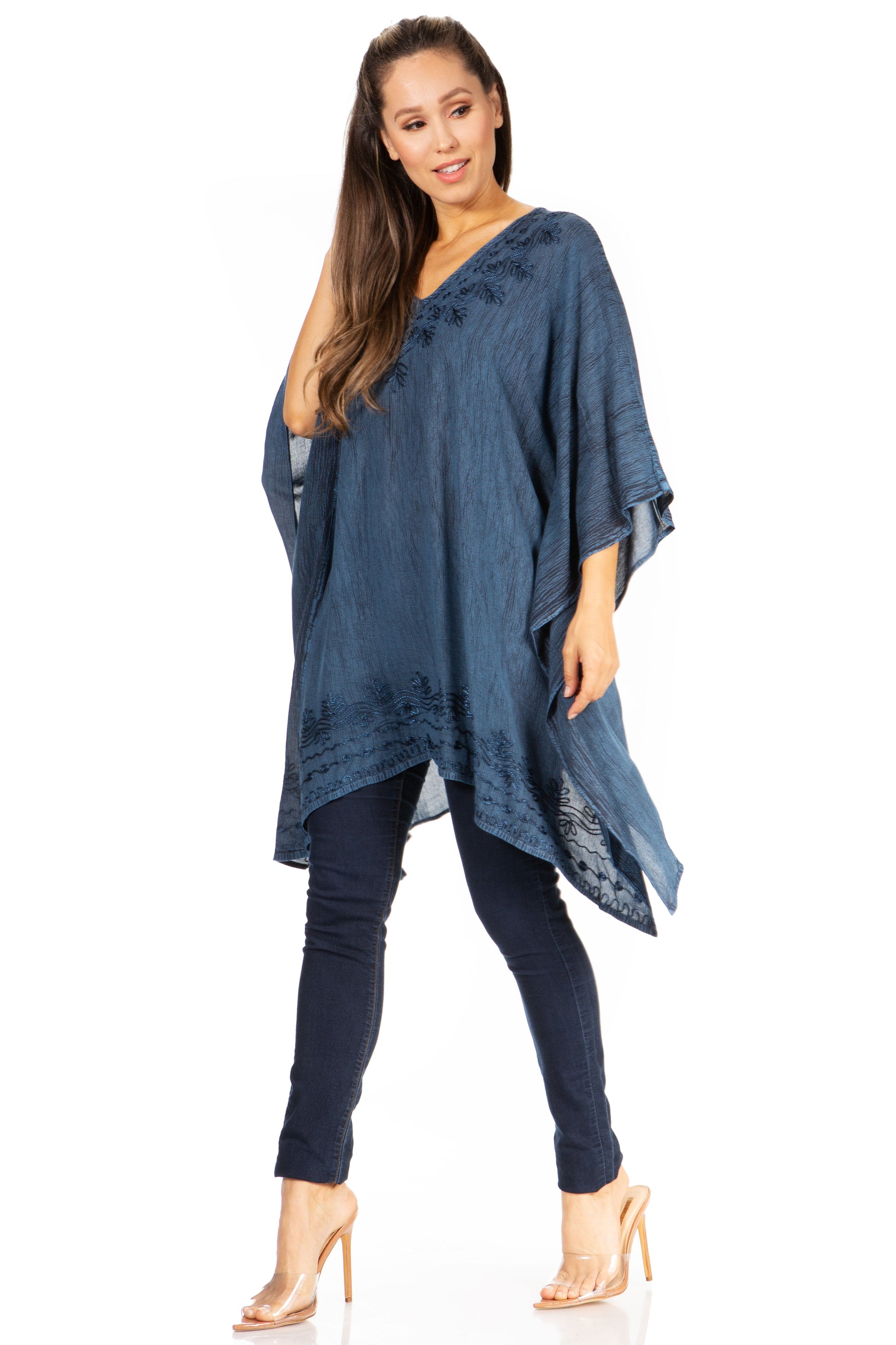 Sakkas Wren Lightweight Circle Poncho Top Blouse With Detailed Embroidery - Concordia Style Boutique