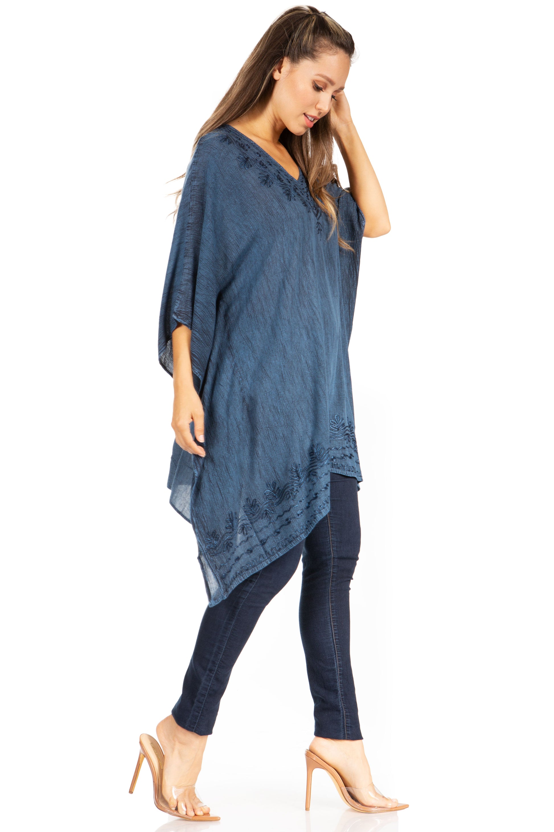 Sakkas Wren Lightweight Circle Poncho Top Blouse With Detailed Embroidery - Concordia Style Boutique