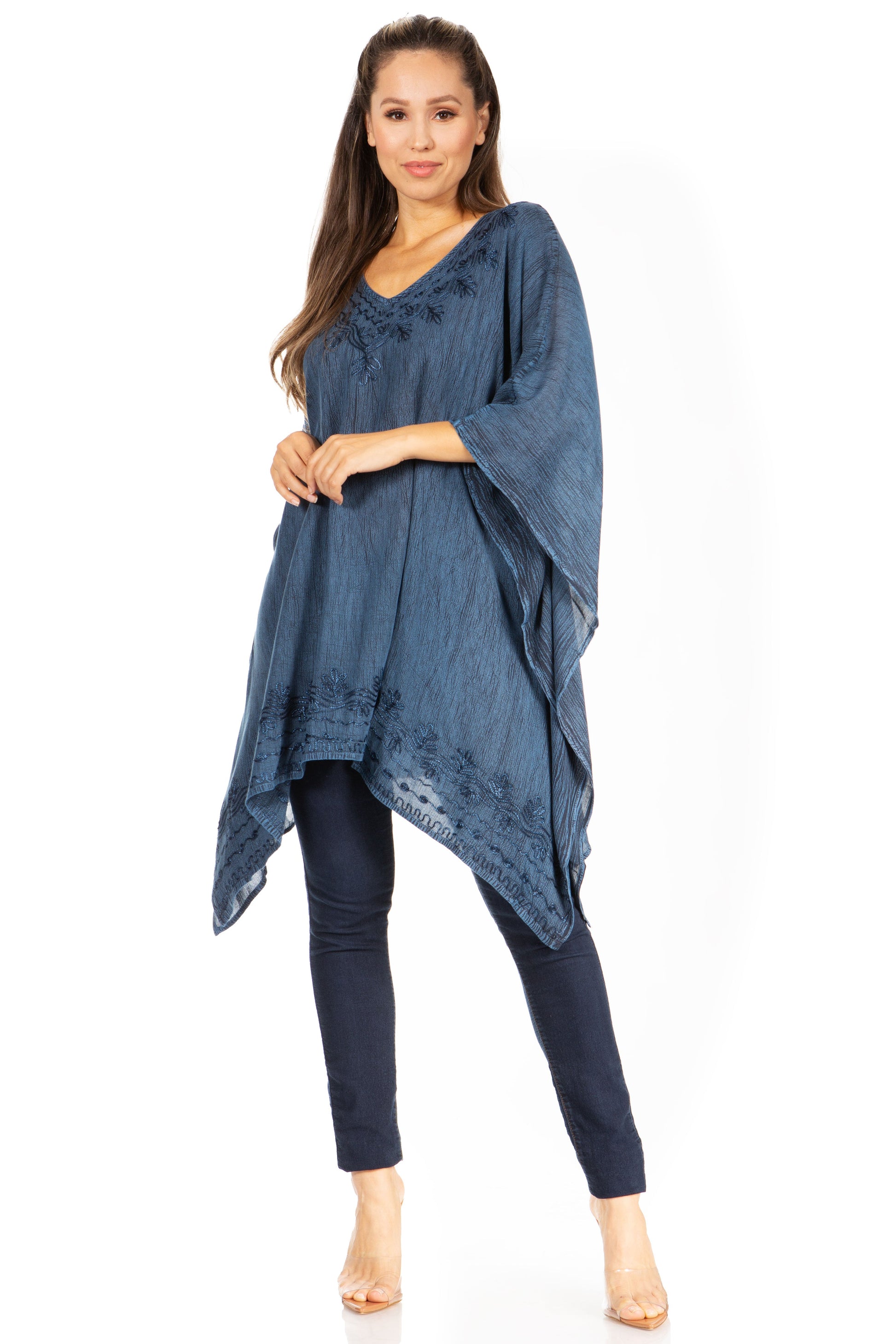 Sakkas Wren Lightweight Circle Poncho Top Blouse With Detailed Embroidery - Concordia Style Boutique