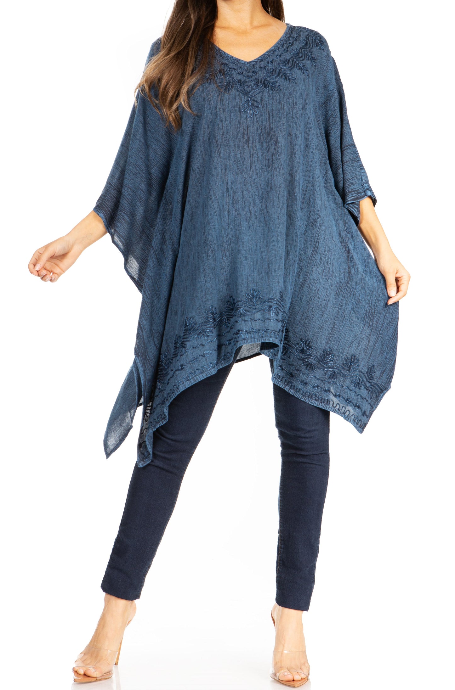 Sakkas Wren Lightweight Circle Poncho Top Blouse With Detailed Embroidery - Concordia Style Boutique