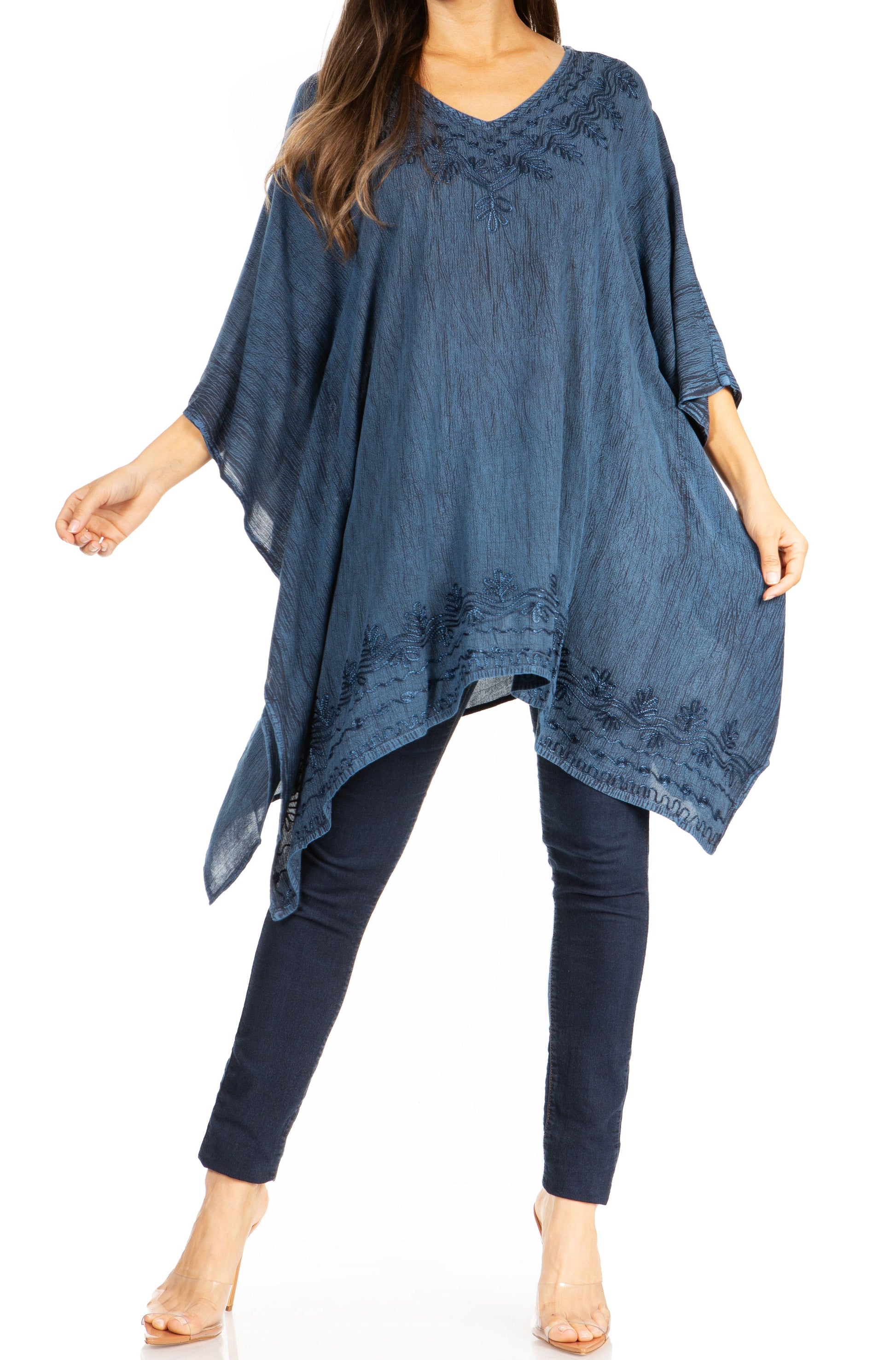 Sakkas Wren Lightweight Circle Poncho Top Blouse With Detailed Embroidery - Concordia Style Boutique