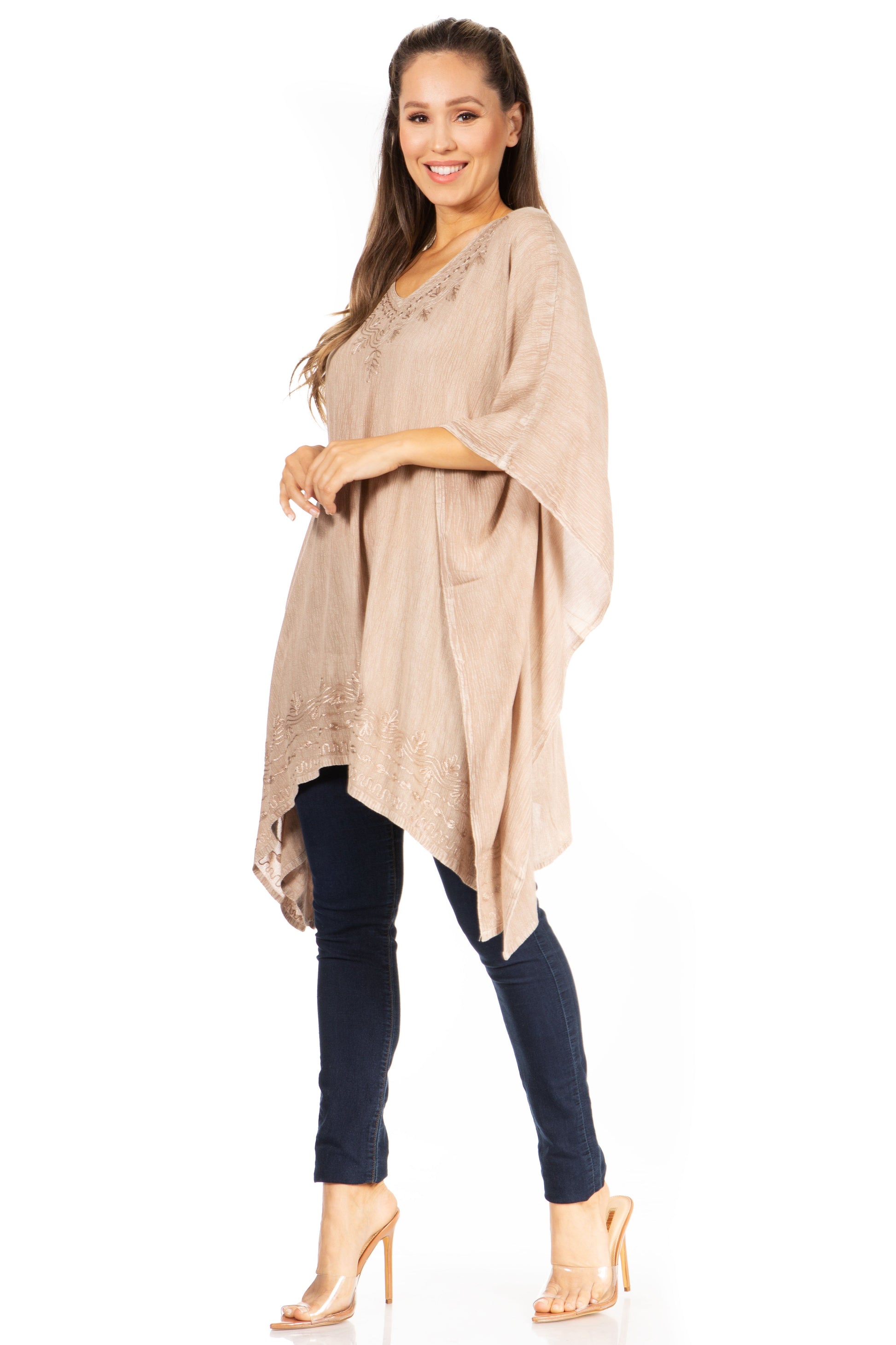 Sakkas Wren Lightweight Circle Poncho Top Blouse With Detailed Embroidery - Concordia Style Boutique