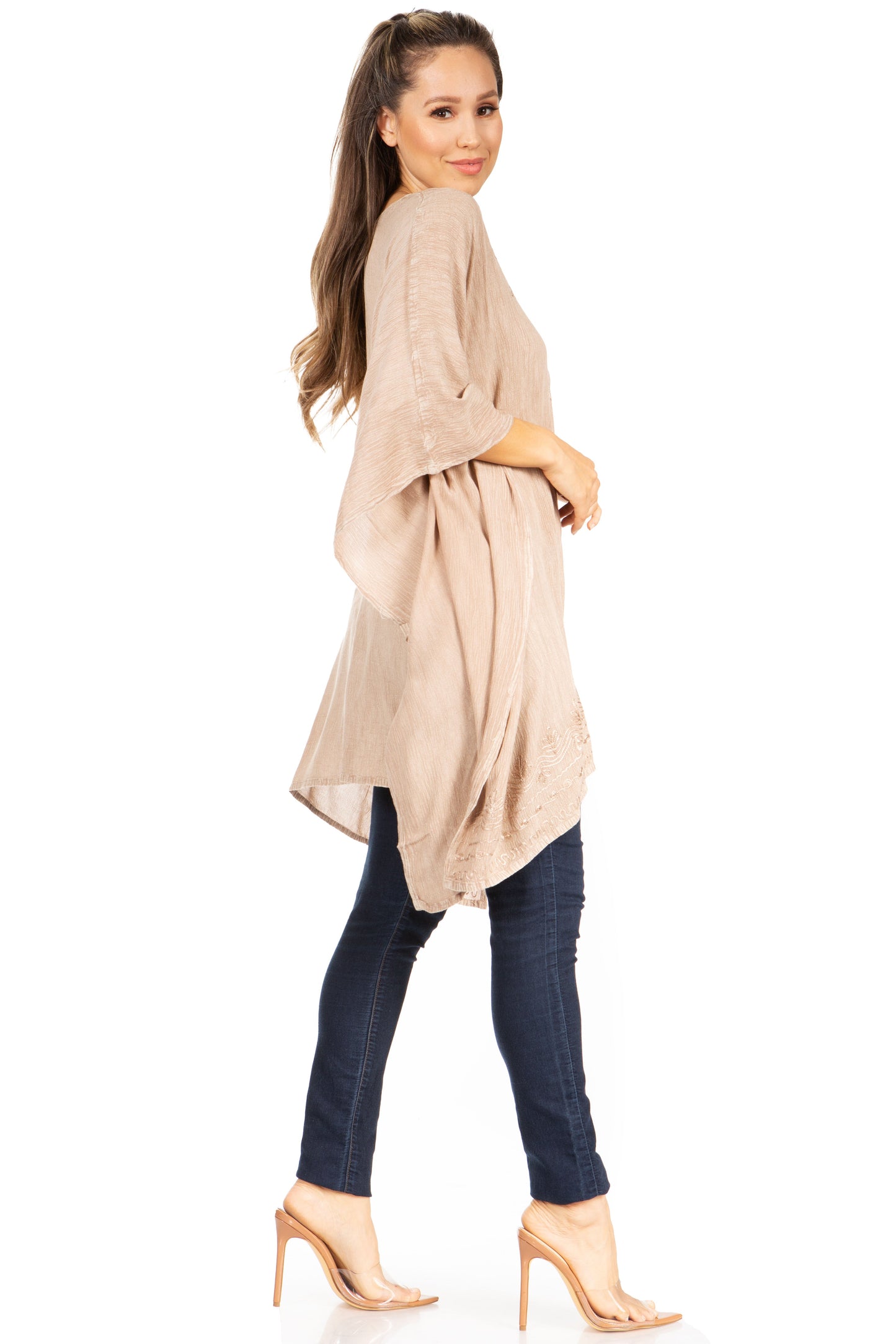 Sakkas Wren Lightweight Circle Poncho Top Blouse With Detailed Embroidery - Concordia Style Boutique