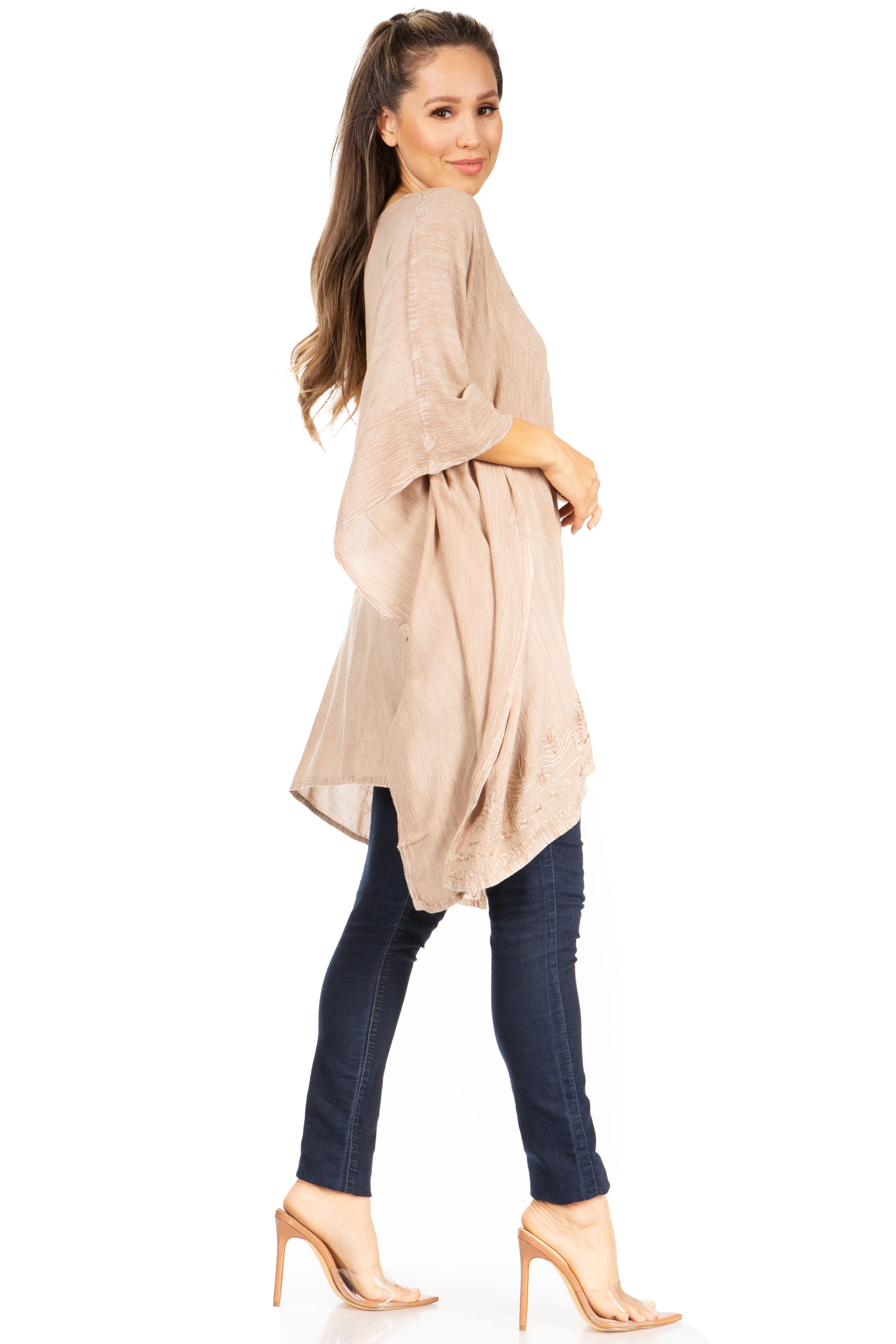 Sakkas Wren Lightweight Circle Poncho Top Blouse With Detailed Embroidery - Concordia Style Boutique