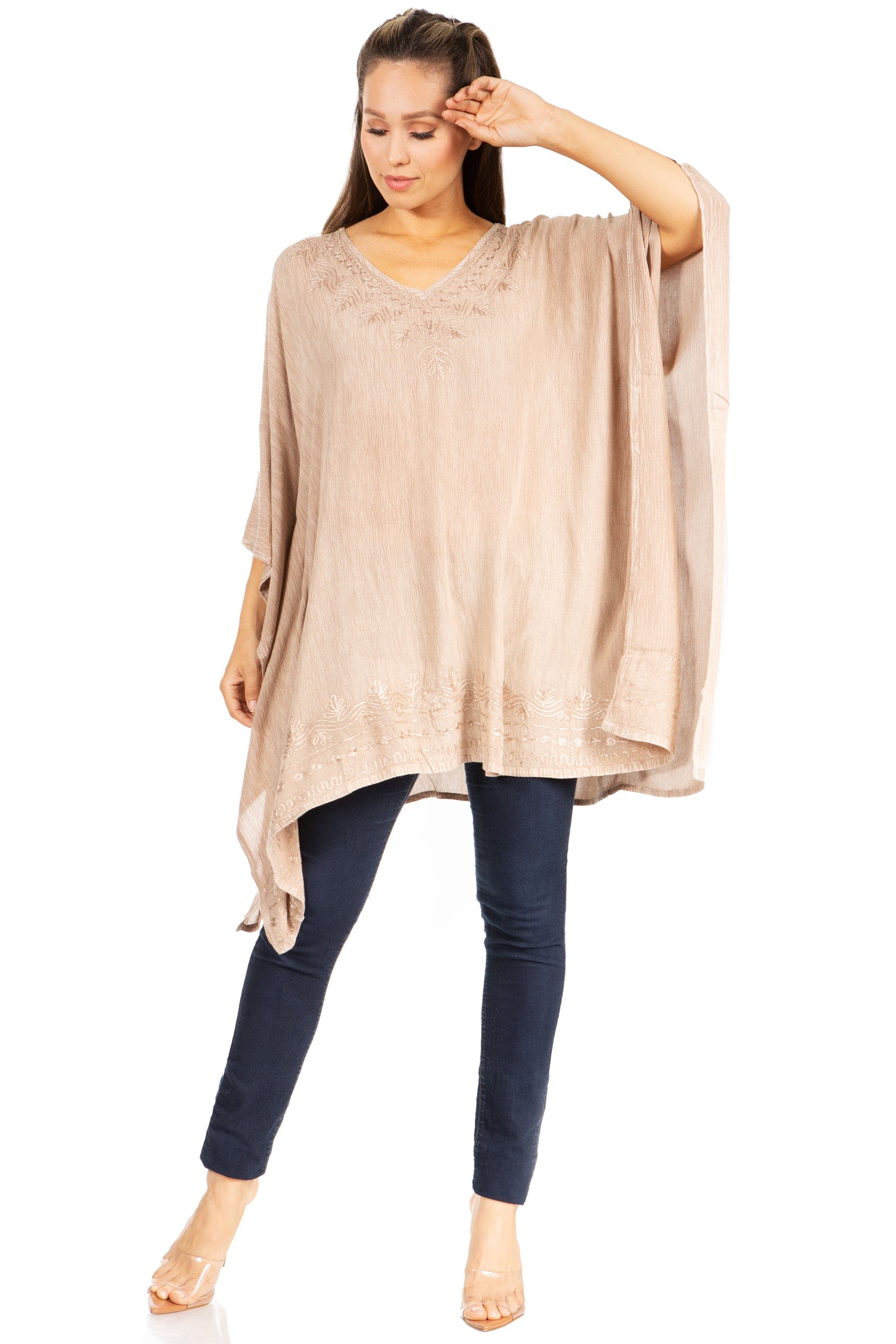 Sakkas Wren Lightweight Circle Poncho Top Blouse With Detailed Embroidery - Concordia Style Boutique