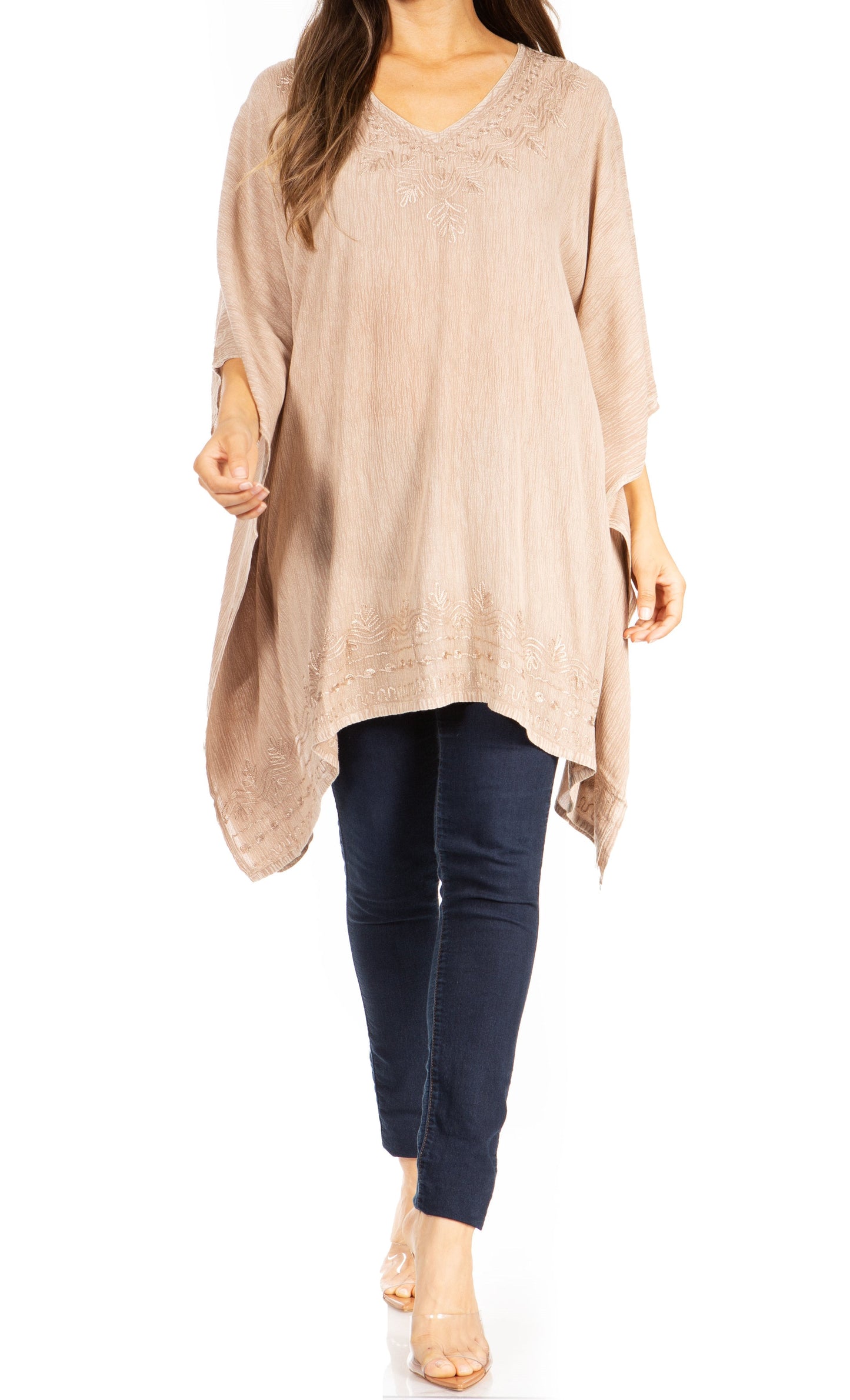Sakkas Wren Lightweight Circle Poncho Top Blouse With Detailed Embroidery - Concordia Style Boutique