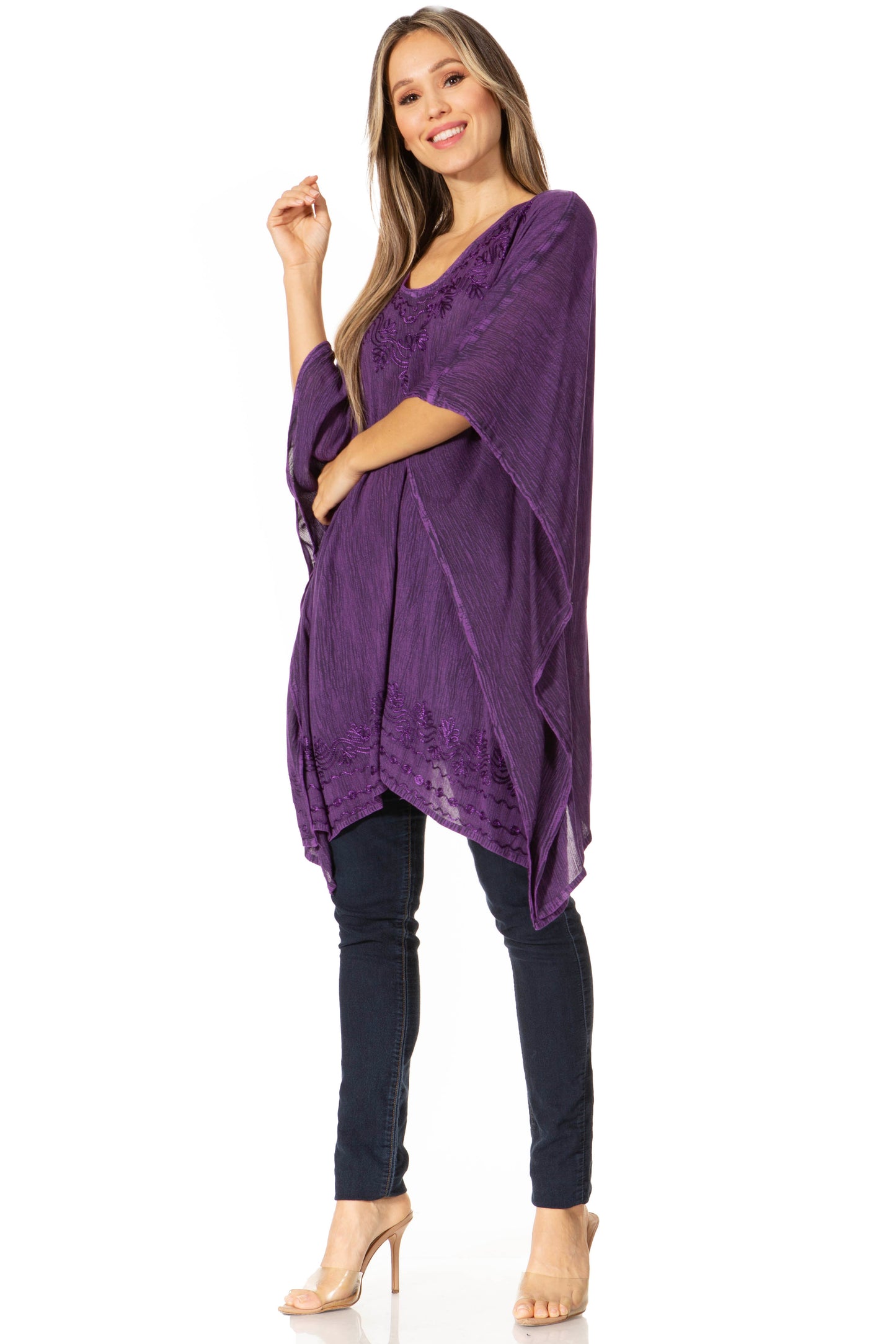 Sakkas Wren Lightweight Circle Poncho Top Blouse With Detailed Embroidery - Concordia Style Boutique