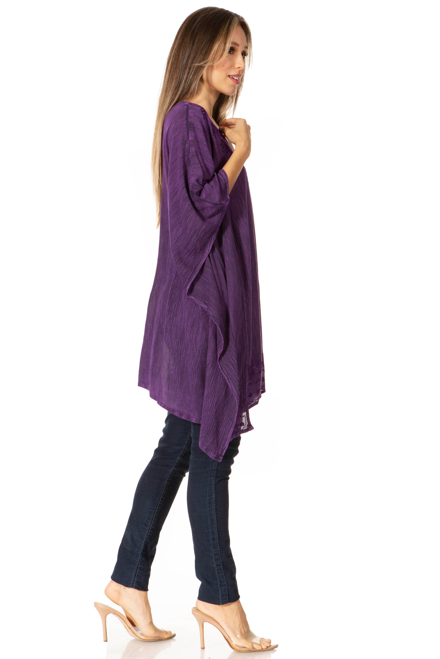 Sakkas Wren Lightweight Circle Poncho Top Blouse With Detailed Embroidery - Concordia Style Boutique