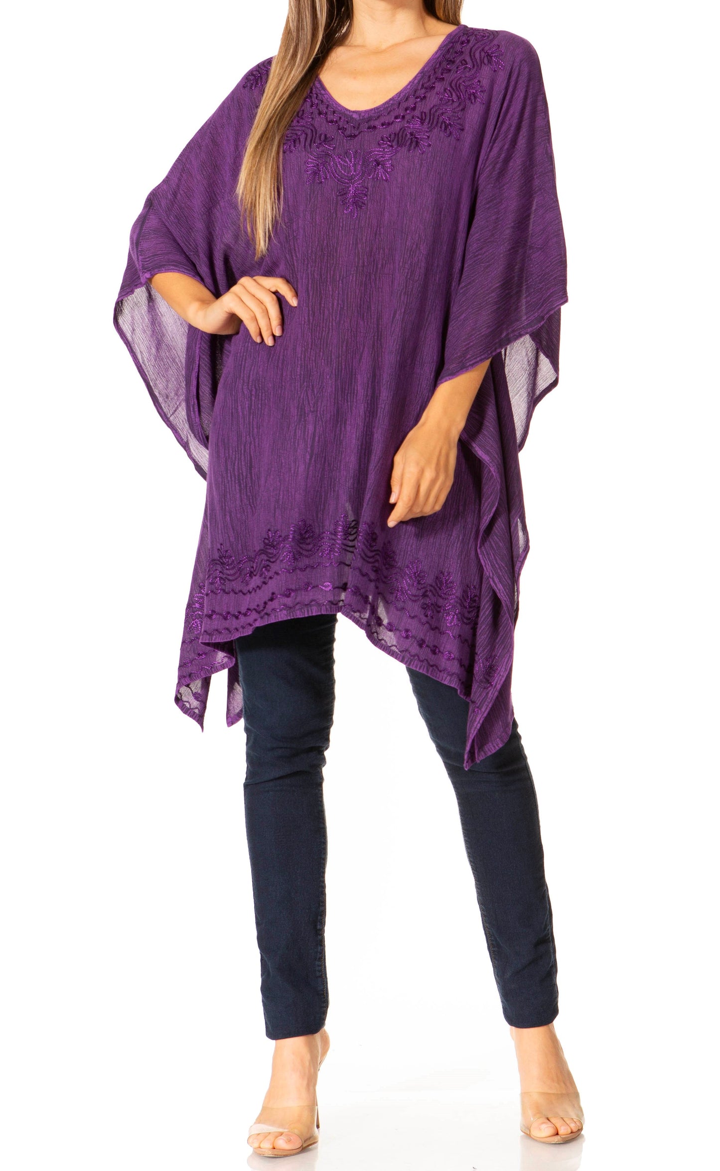 Sakkas Wren Lightweight Circle Poncho Top Blouse With Detailed Embroidery - Concordia Style Boutique
