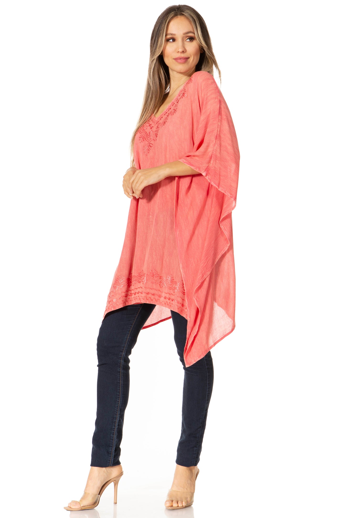 Sakkas Wren Lightweight Circle Poncho Top Blouse With Detailed Embroidery - Concordia Style Boutique