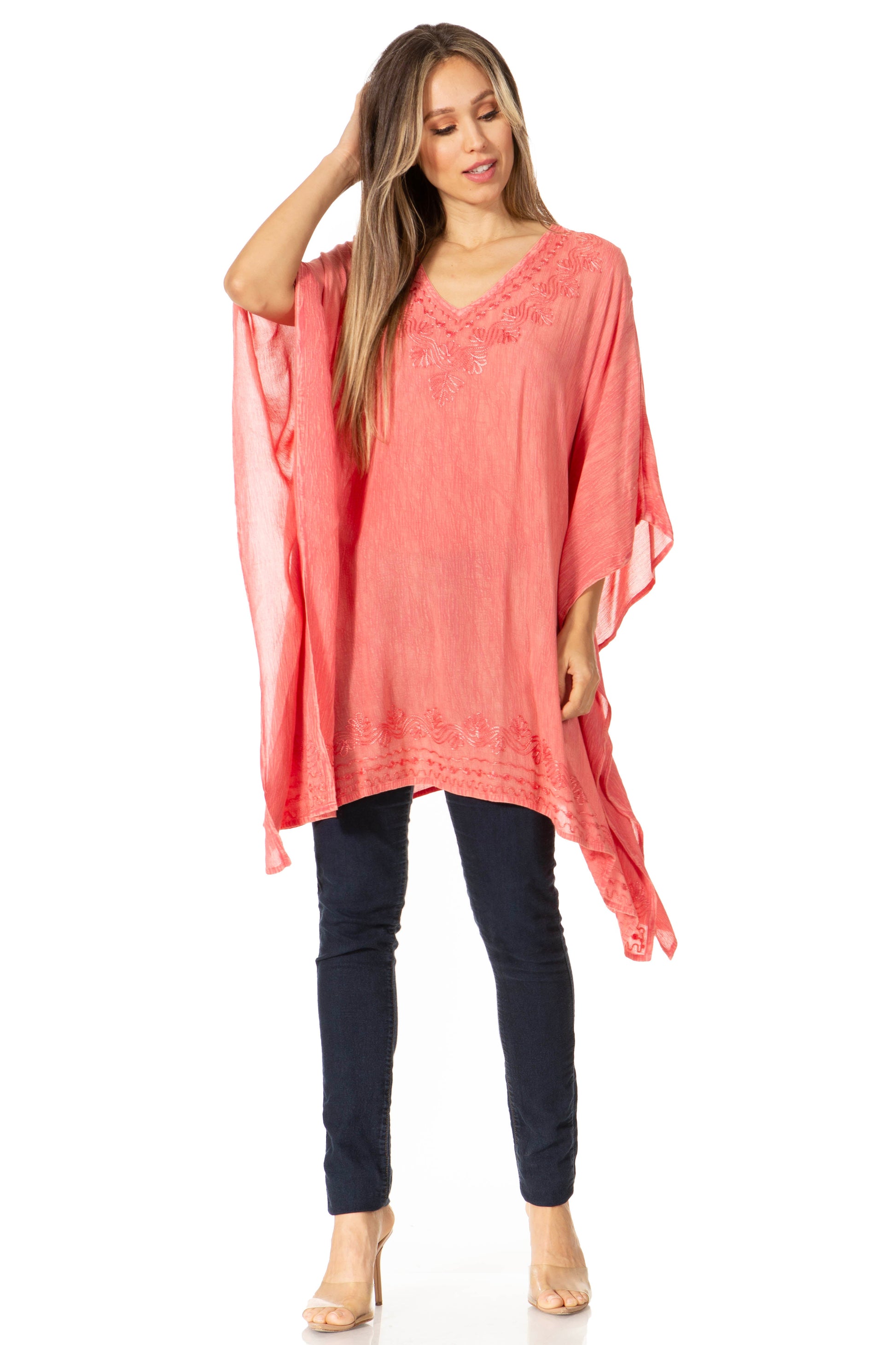 Sakkas Wren Lightweight Circle Poncho Top Blouse With Detailed Embroidery - Concordia Style Boutique