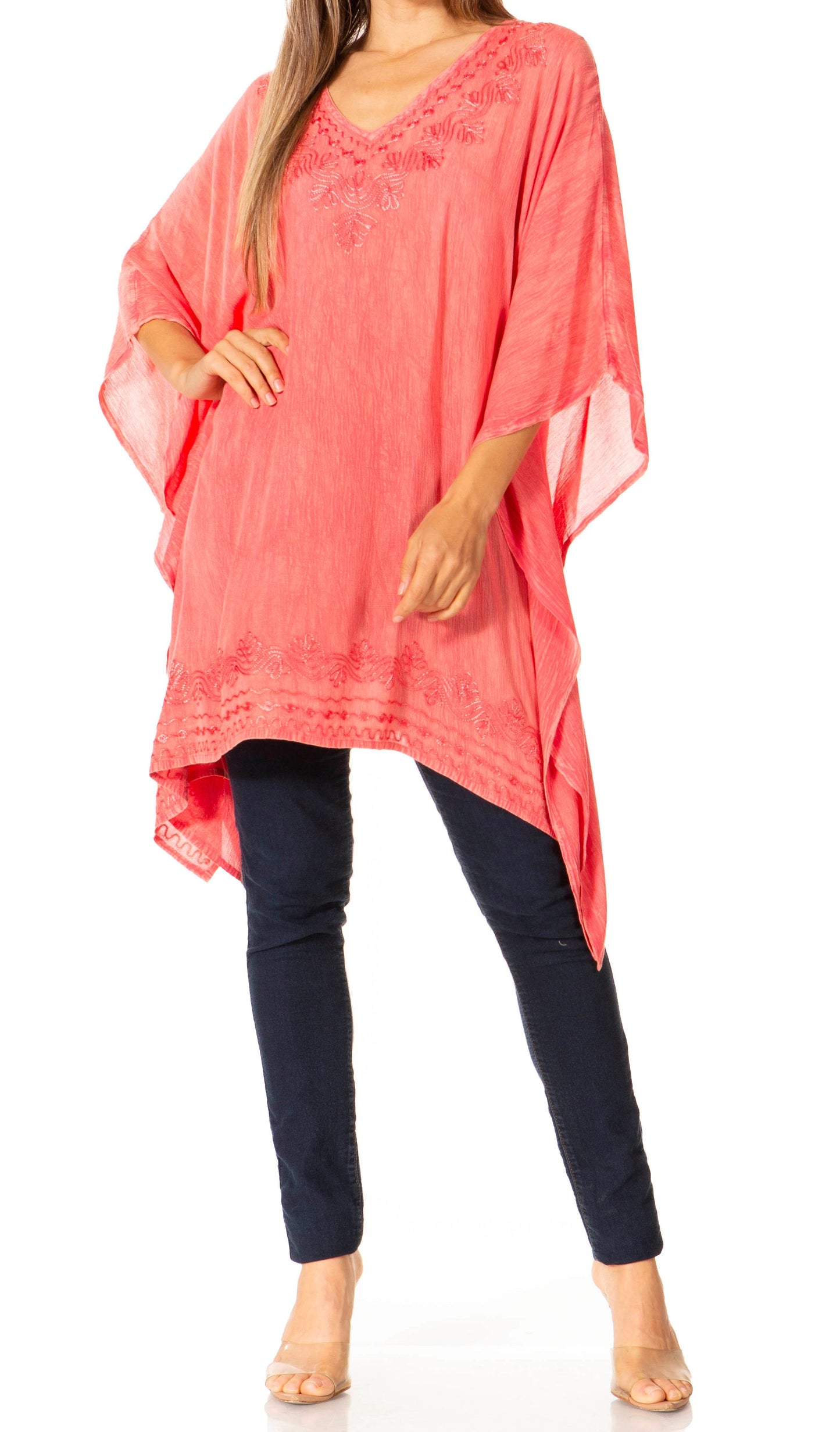 Sakkas Wren Lightweight Circle Poncho Top Blouse With Detailed Embroidery - Concordia Style Boutique