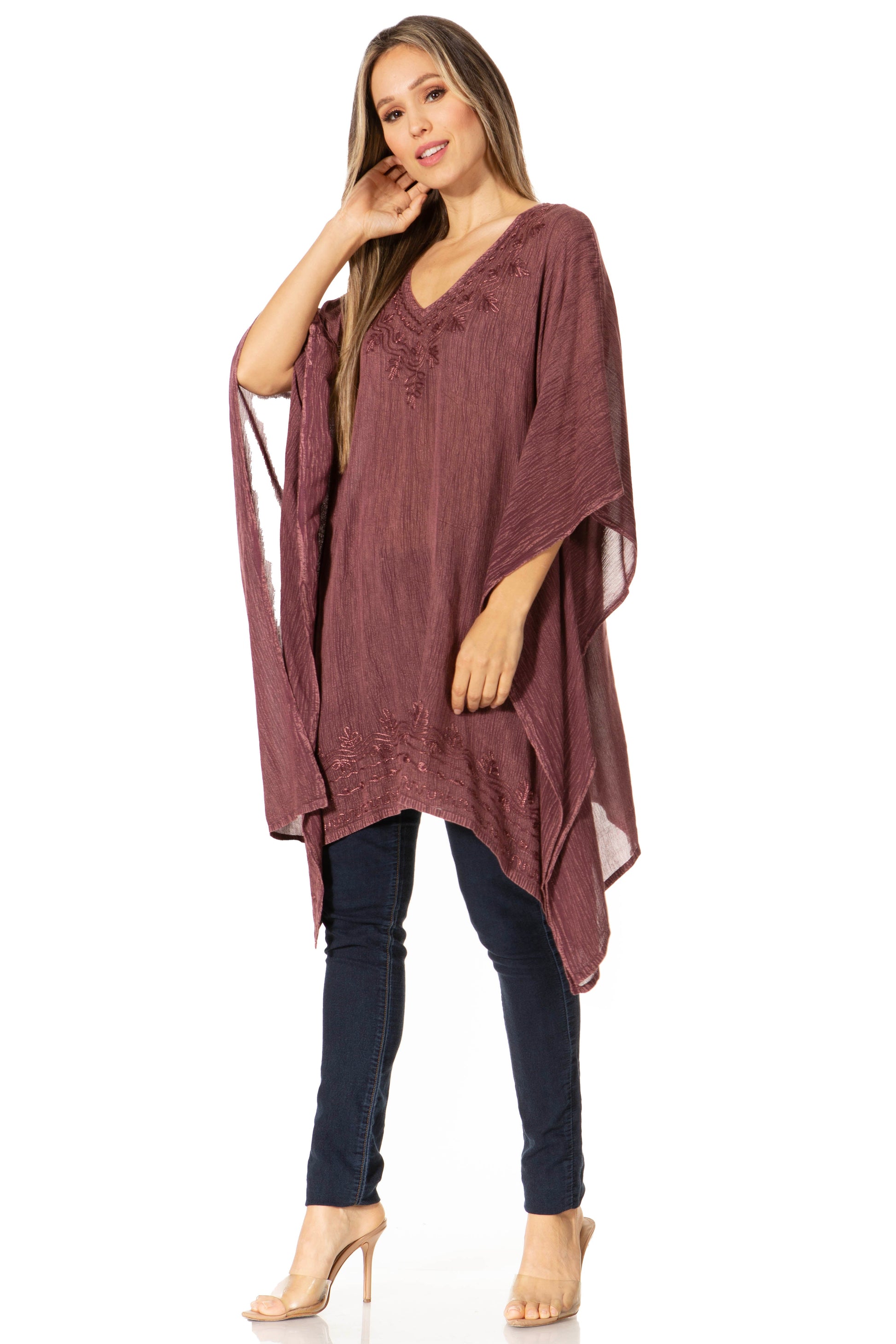 Sakkas Wren Lightweight Circle Poncho Top Blouse With Detailed Embroidery - Concordia Style Boutique