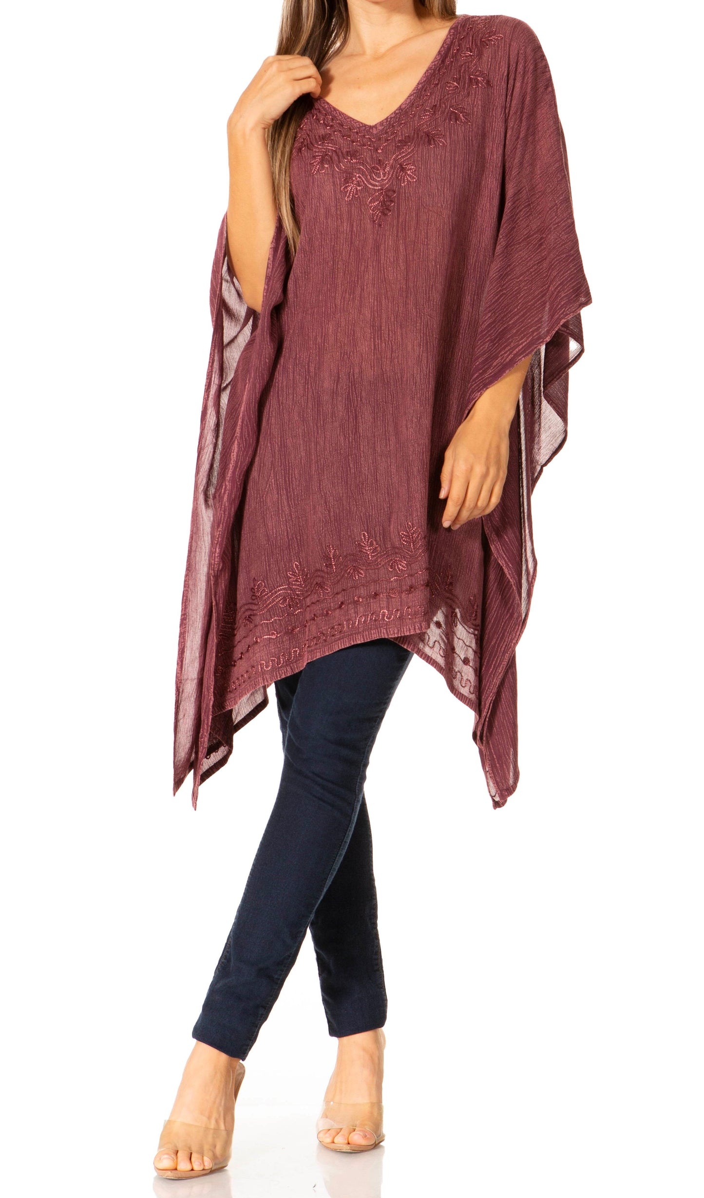 Sakkas Wren Lightweight Circle Poncho Top Blouse With Detailed Embroidery - Concordia Style Boutique