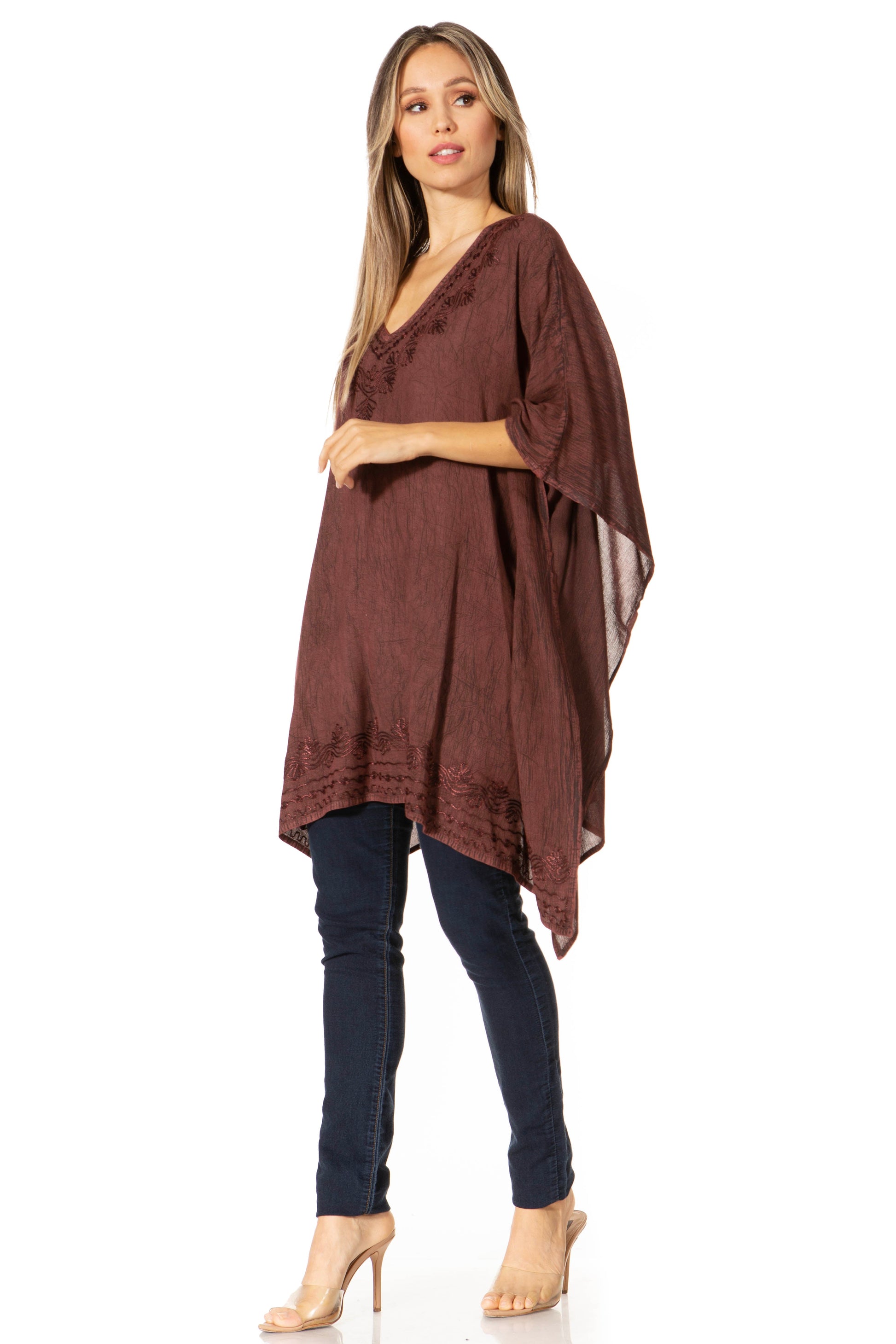 Sakkas Wren Lightweight Circle Poncho Top Blouse With Detailed Embroidery - Concordia Style Boutique