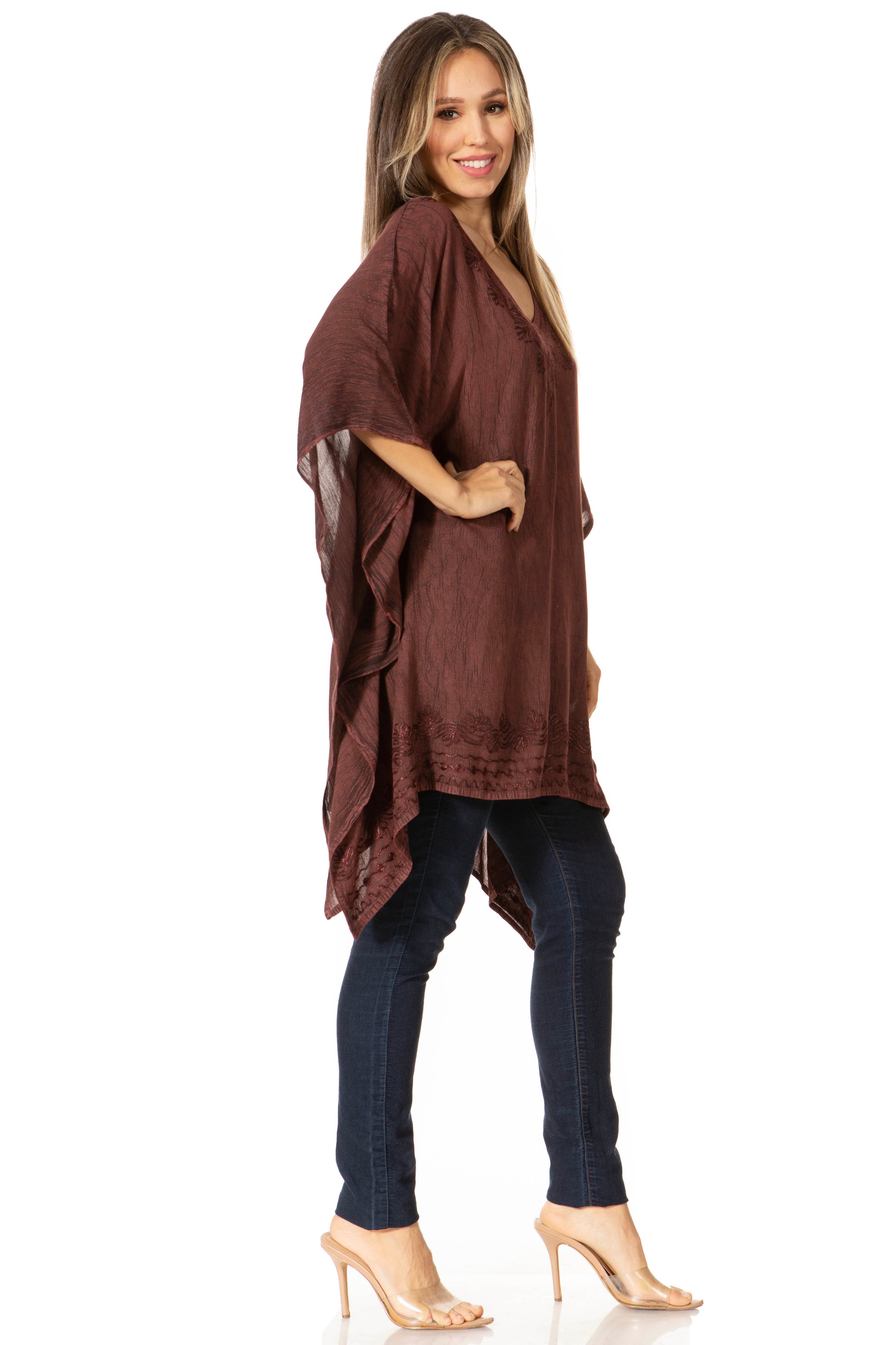 Sakkas Wren Lightweight Circle Poncho Top Blouse With Detailed Embroidery - Concordia Style Boutique