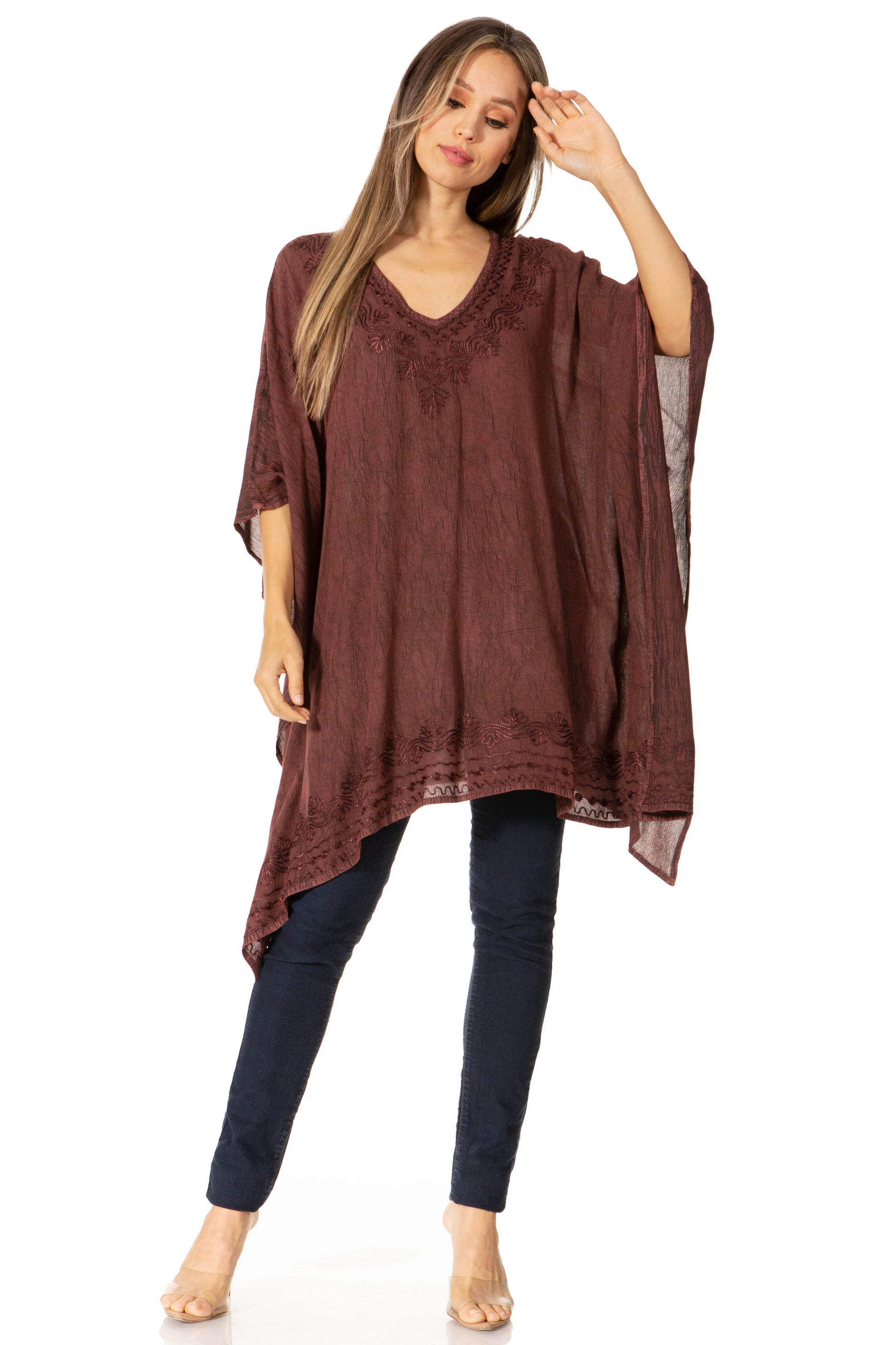 Sakkas Wren Lightweight Circle Poncho Top Blouse With Detailed Embroidery - Concordia Style Boutique