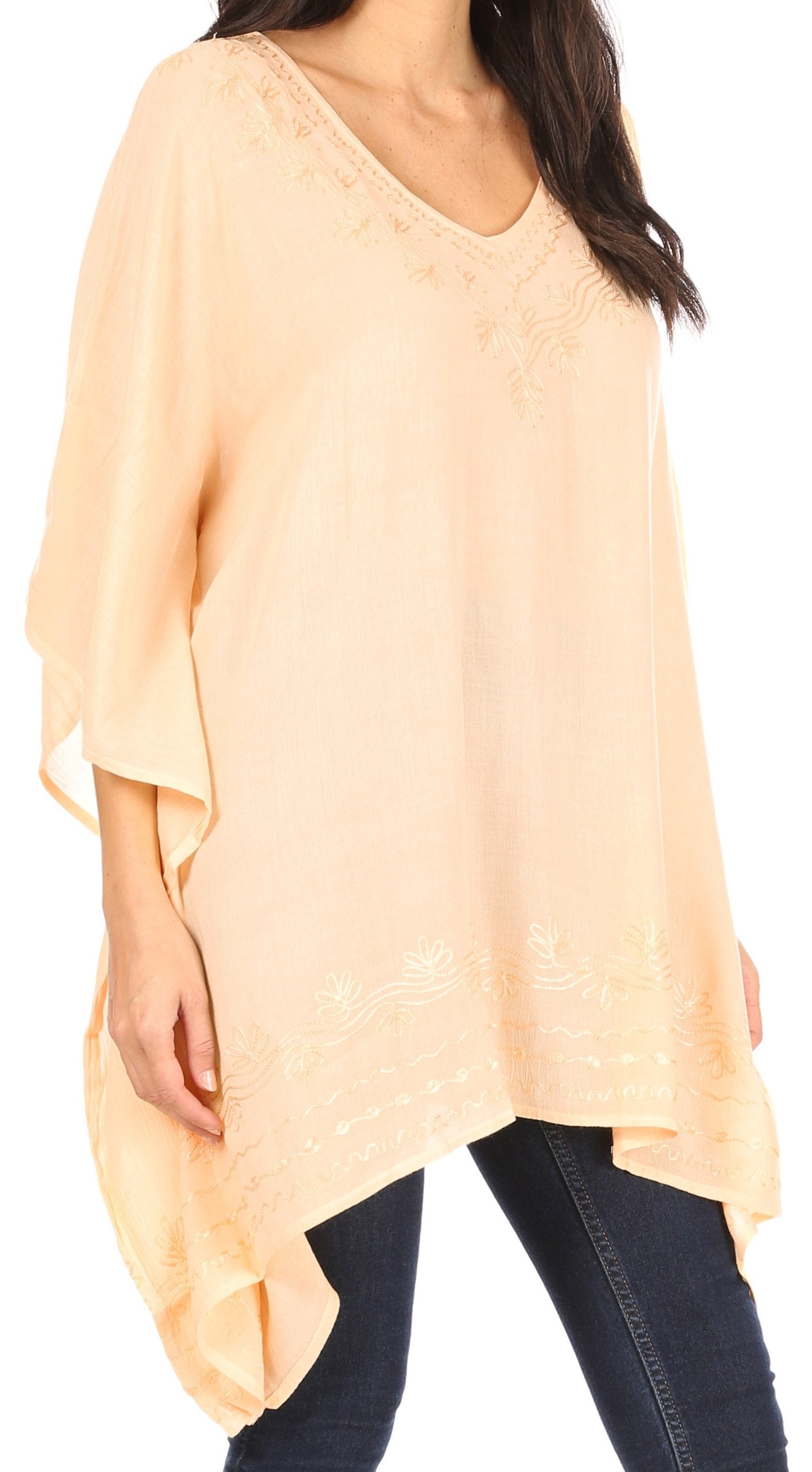 Sakkas Wren Lightweight Circle Poncho Top Blouse With Detailed Embroidery - Concordia Style Boutique
