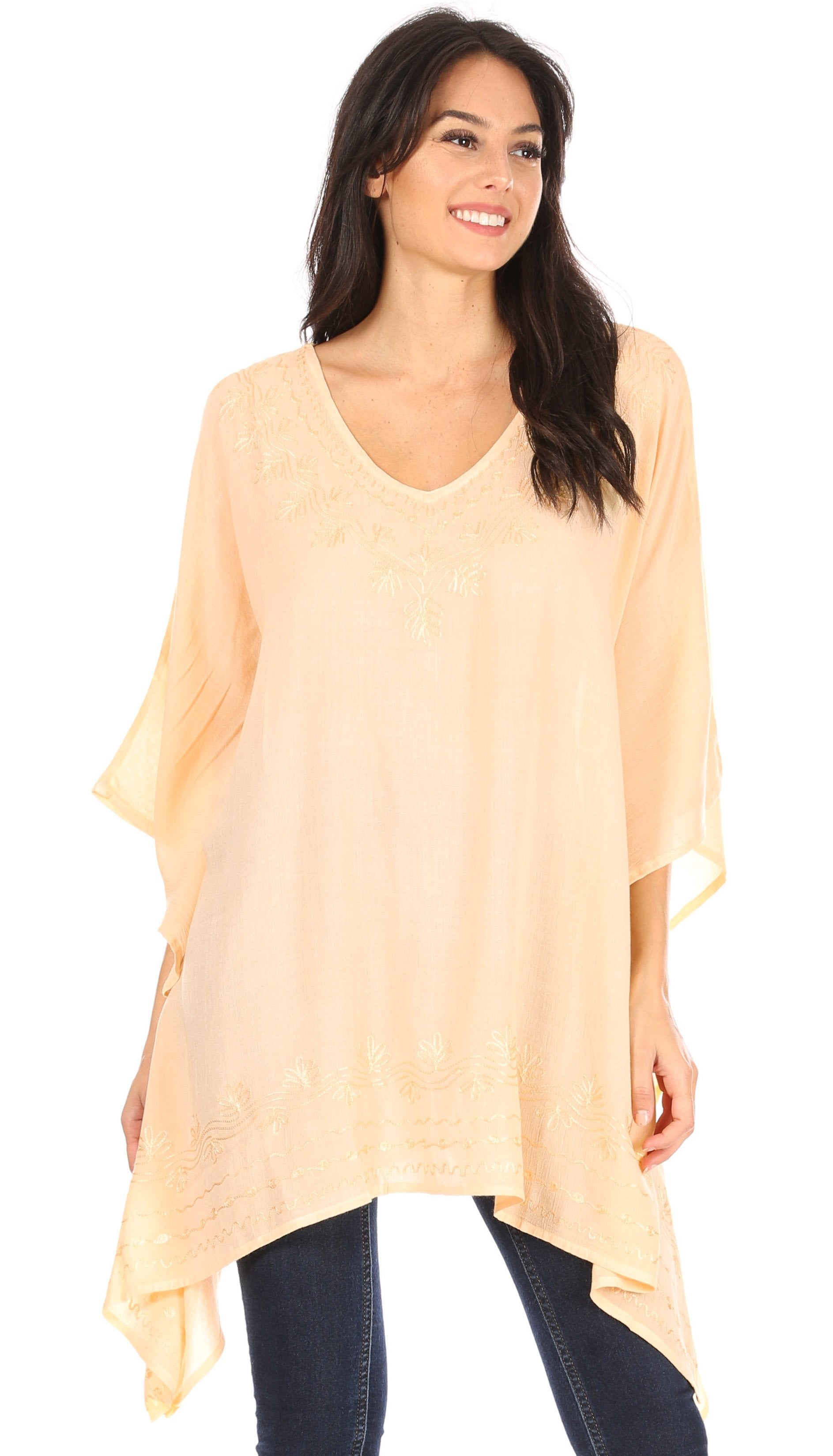 Sakkas Wren Lightweight Circle Poncho Top Blouse With Detailed Embroidery - Concordia Style Boutique