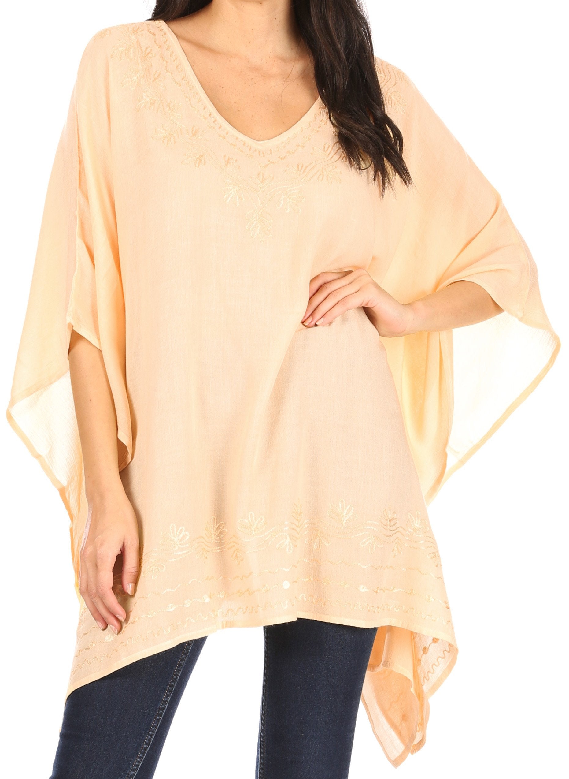 Sakkas Wren Lightweight Circle Poncho Top Blouse With Detailed Embroidery - Concordia Style Boutique