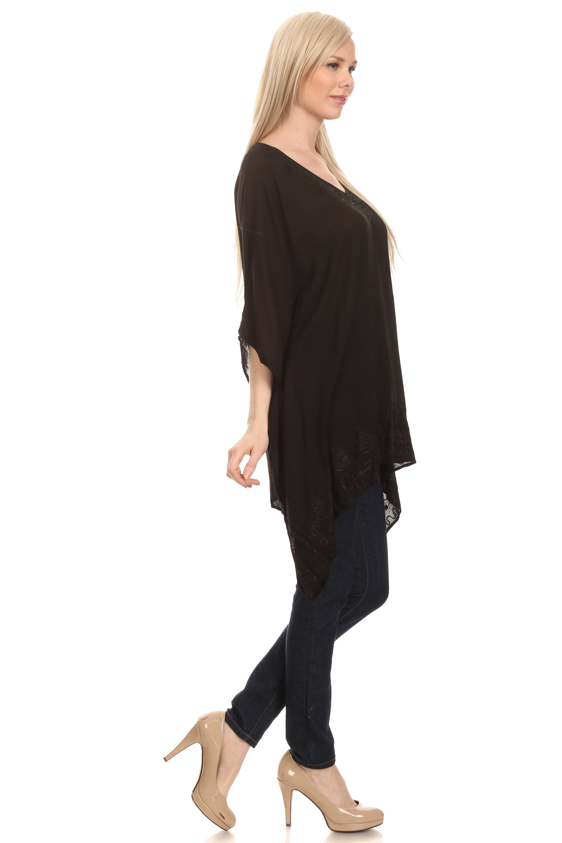 Sakkas Wren Lightweight Circle Poncho Top Blouse With Detailed Embroidery - Concordia Style Boutique