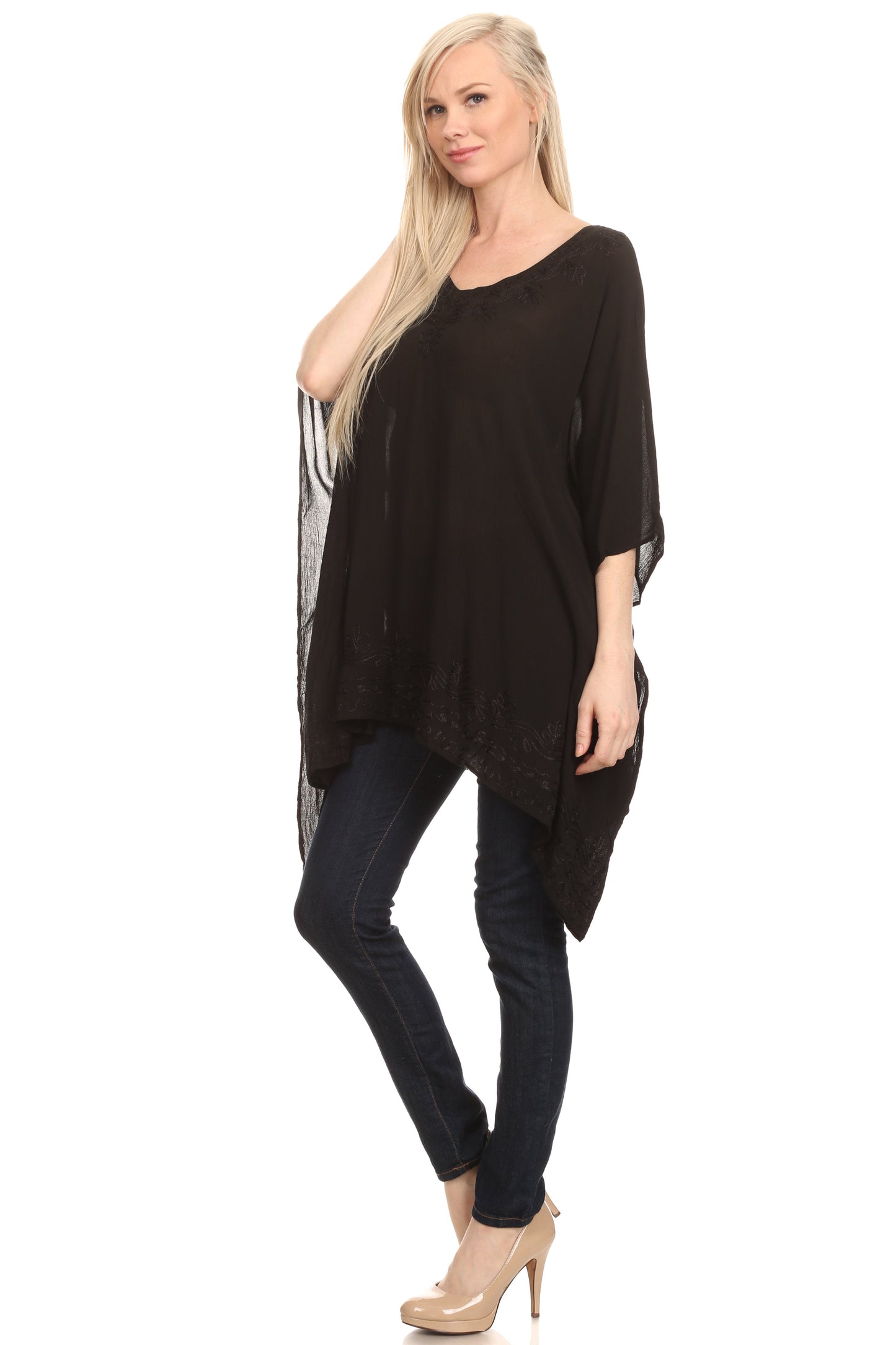 Sakkas Wren Lightweight Circle Poncho Top Blouse With Detailed Embroidery - Concordia Style Boutique