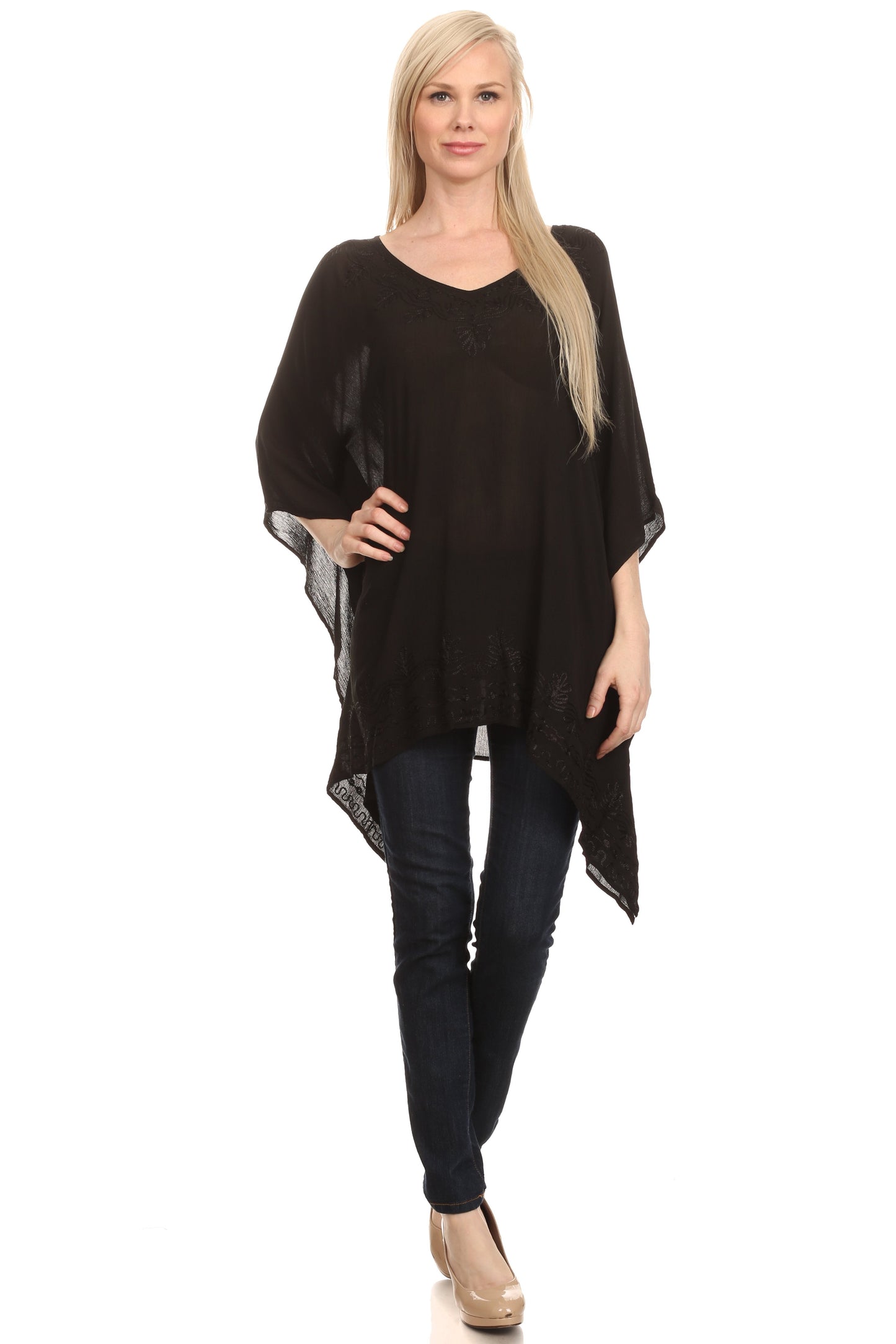 Sakkas Wren Lightweight Circle Poncho Top Blouse With Detailed Embroidery - Concordia Style Boutique