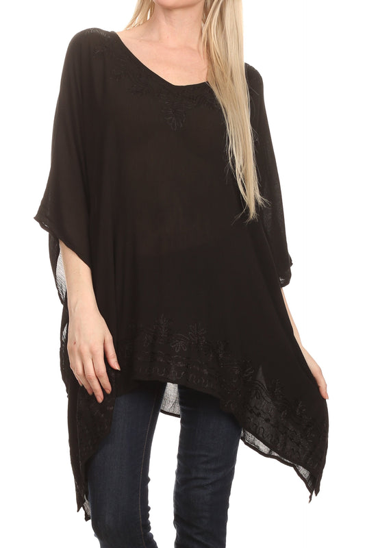 Sakkas Wren Lightweight Circle Poncho Top Blouse With Detailed Embroidery - Concordia Style Boutique