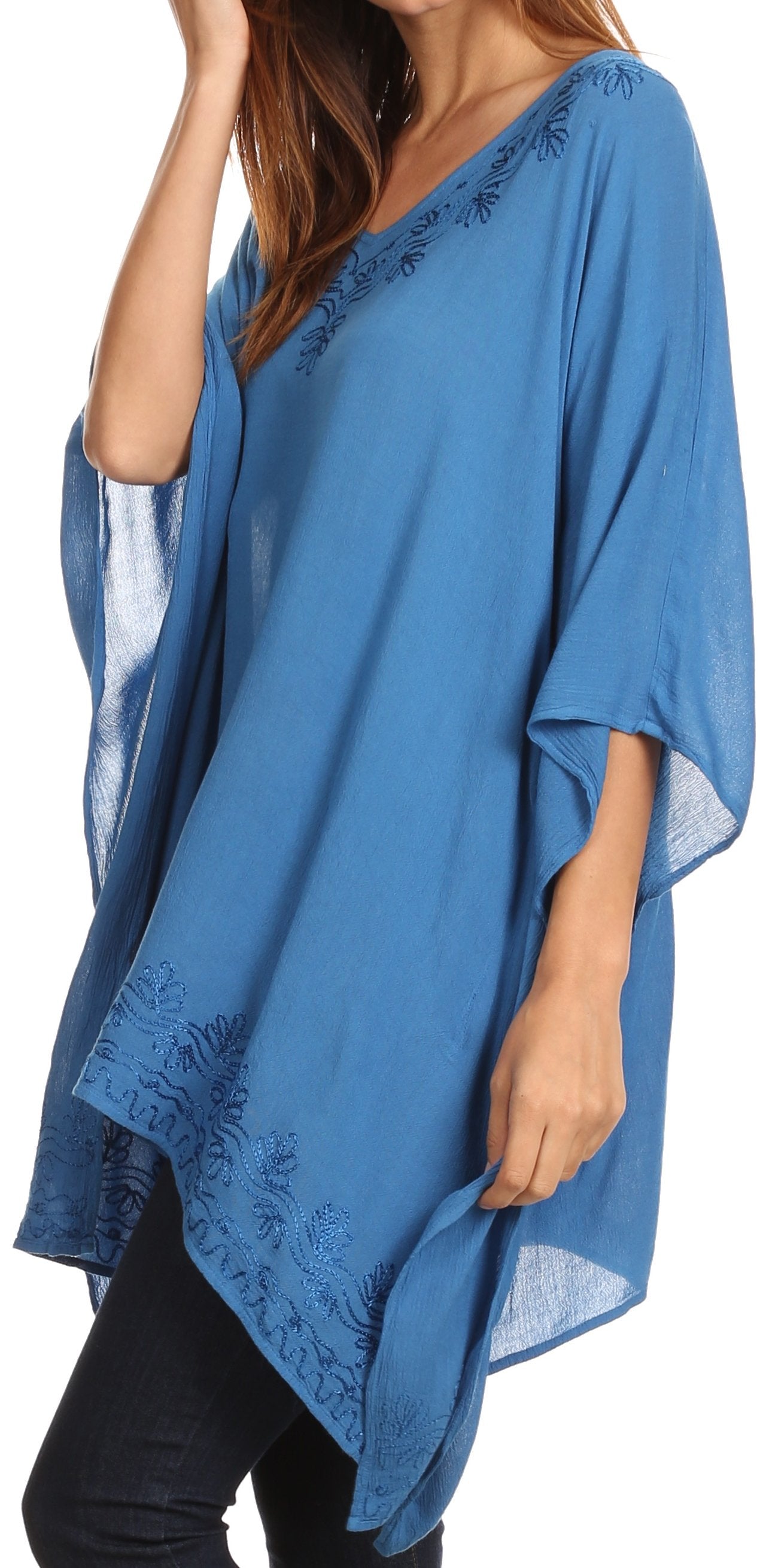 Sakkas Wren Lightweight Circle Poncho Top Blouse With Detailed Embroidery - Concordia Style Boutique