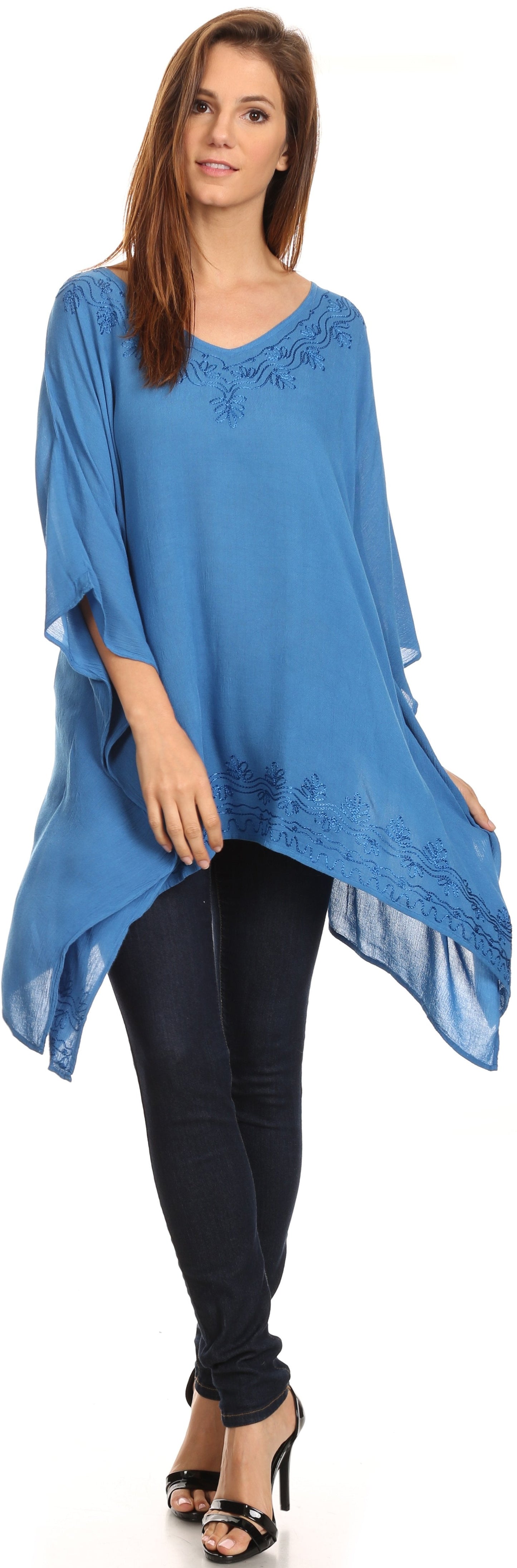 Sakkas Wren Lightweight Circle Poncho Top Blouse With Detailed Embroidery - Concordia Style Boutique