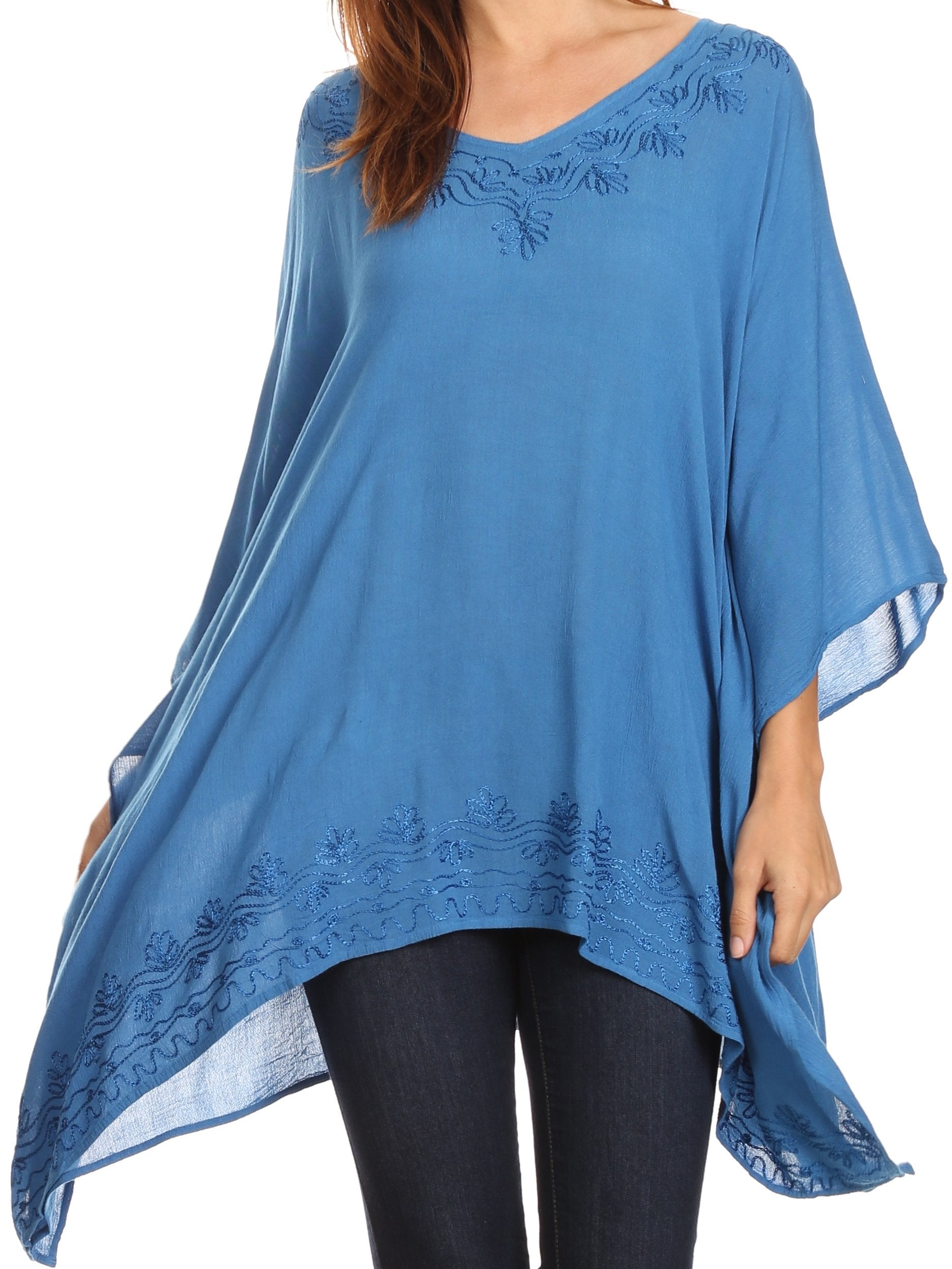 Sakkas Wren Lightweight Circle Poncho Top Blouse With Detailed Embroidery - Concordia Style Boutique