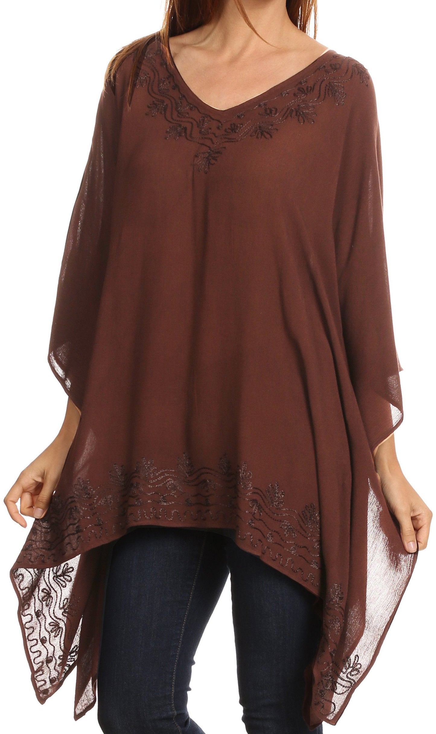 Sakkas Wren Lightweight Circle Poncho Top Blouse With Detailed Embroidery - Concordia Style Boutique
