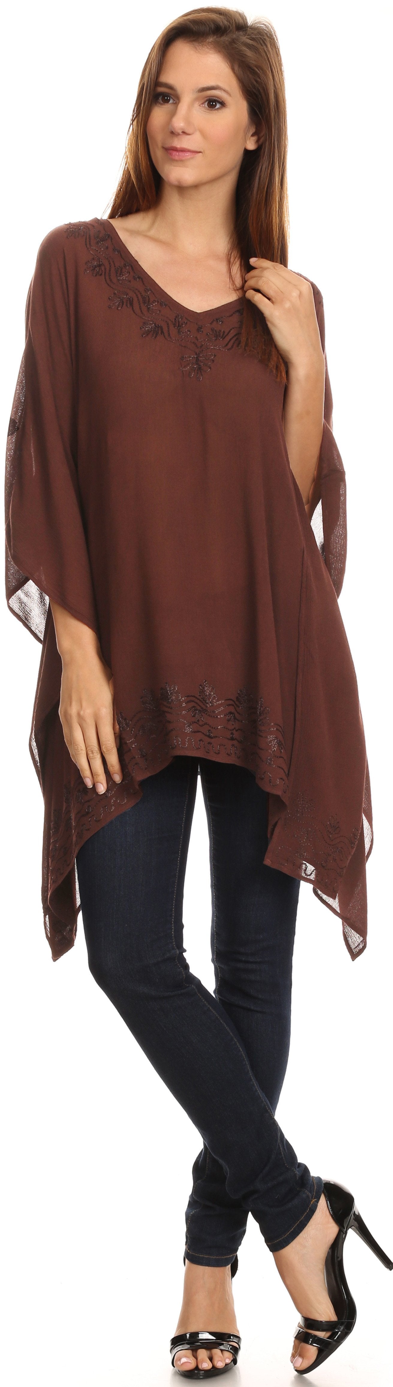 Sakkas Wren Lightweight Circle Poncho Top Blouse With Detailed Embroidery - Concordia Style Boutique