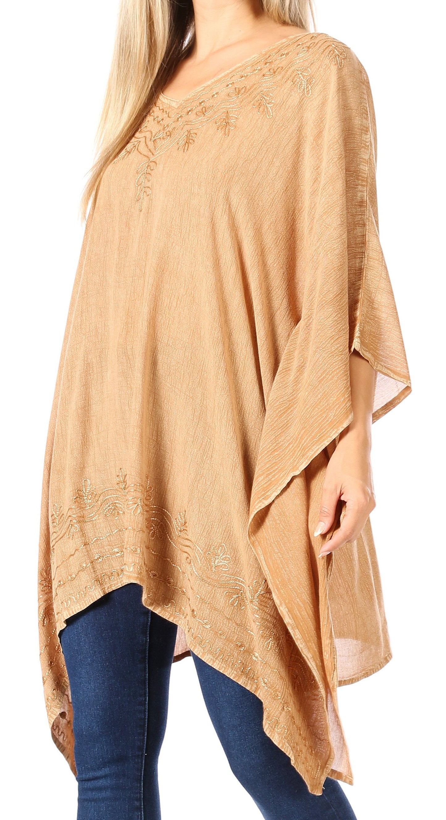 Sakkas Wren Lightweight Circle Poncho Top Blouse With Detailed Embroidery - Concordia Style Boutique