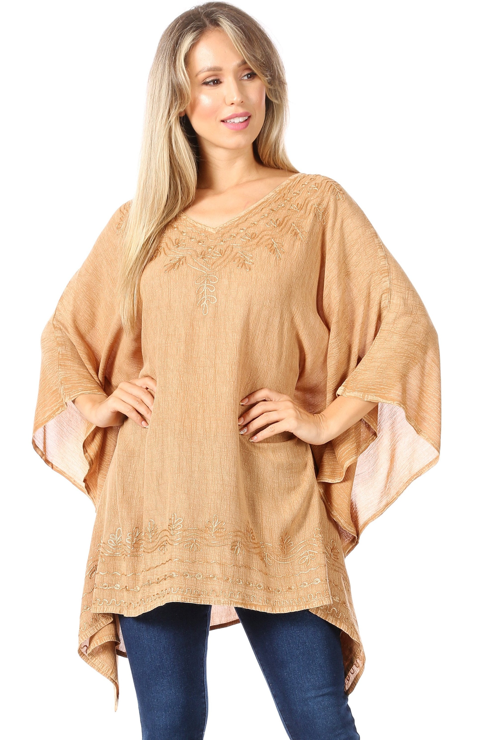 Sakkas Wren Lightweight Circle Poncho Top Blouse With Detailed Embroidery - Concordia Style Boutique