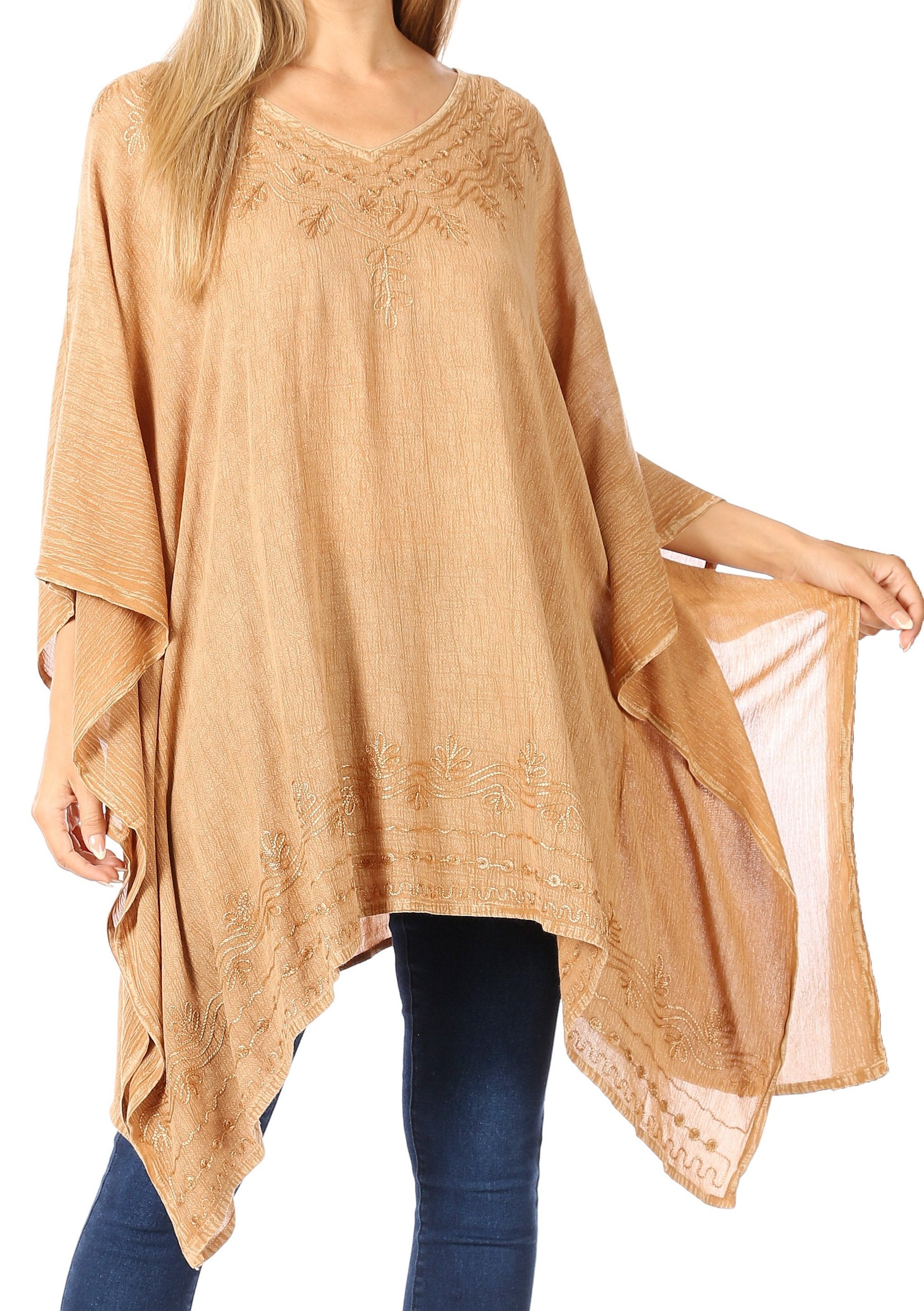 Sakkas Wren Lightweight Circle Poncho Top Blouse With Detailed Embroidery - Concordia Style Boutique