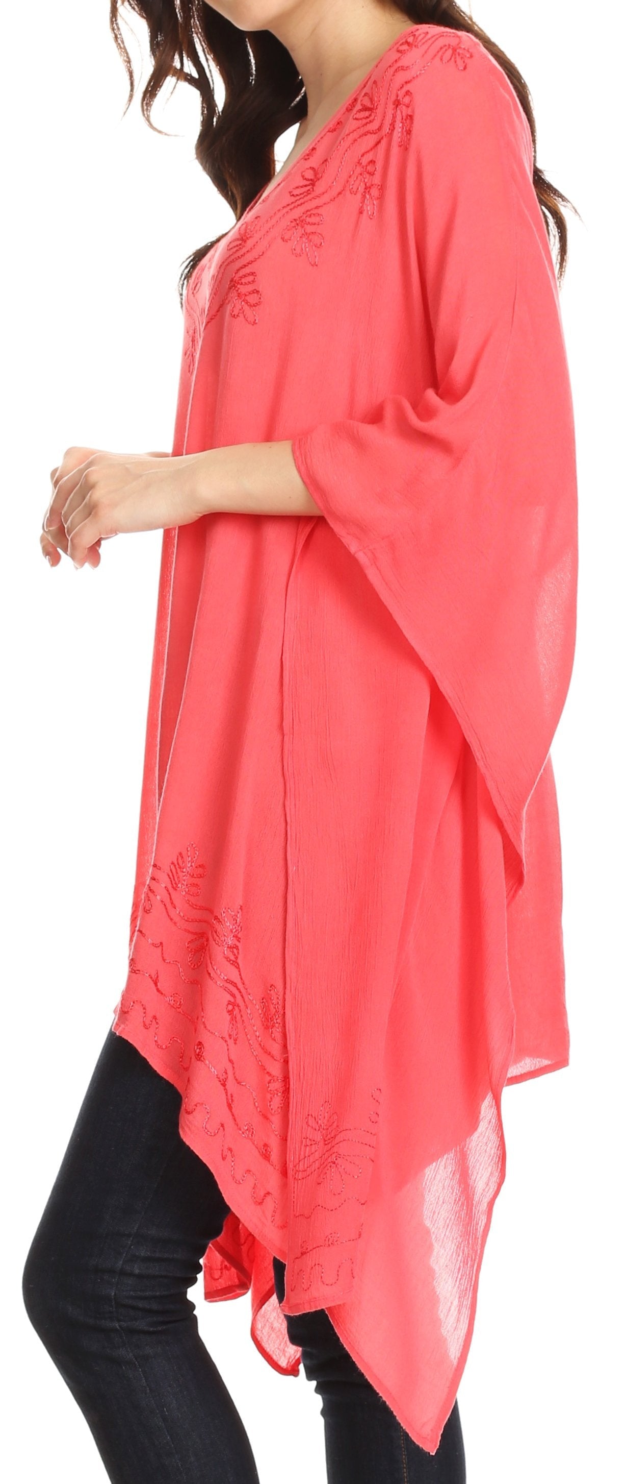 Sakkas Wren Lightweight Circle Poncho Top Blouse With Detailed Embroidery - Concordia Style Boutique