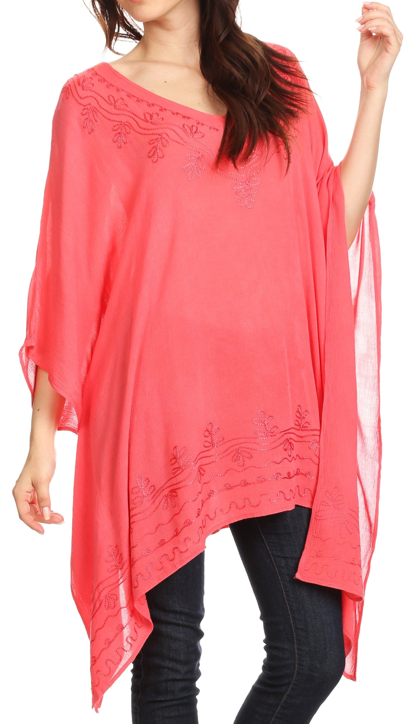 Sakkas Wren Lightweight Circle Poncho Top Blouse With Detailed Embroidery - Concordia Style Boutique
