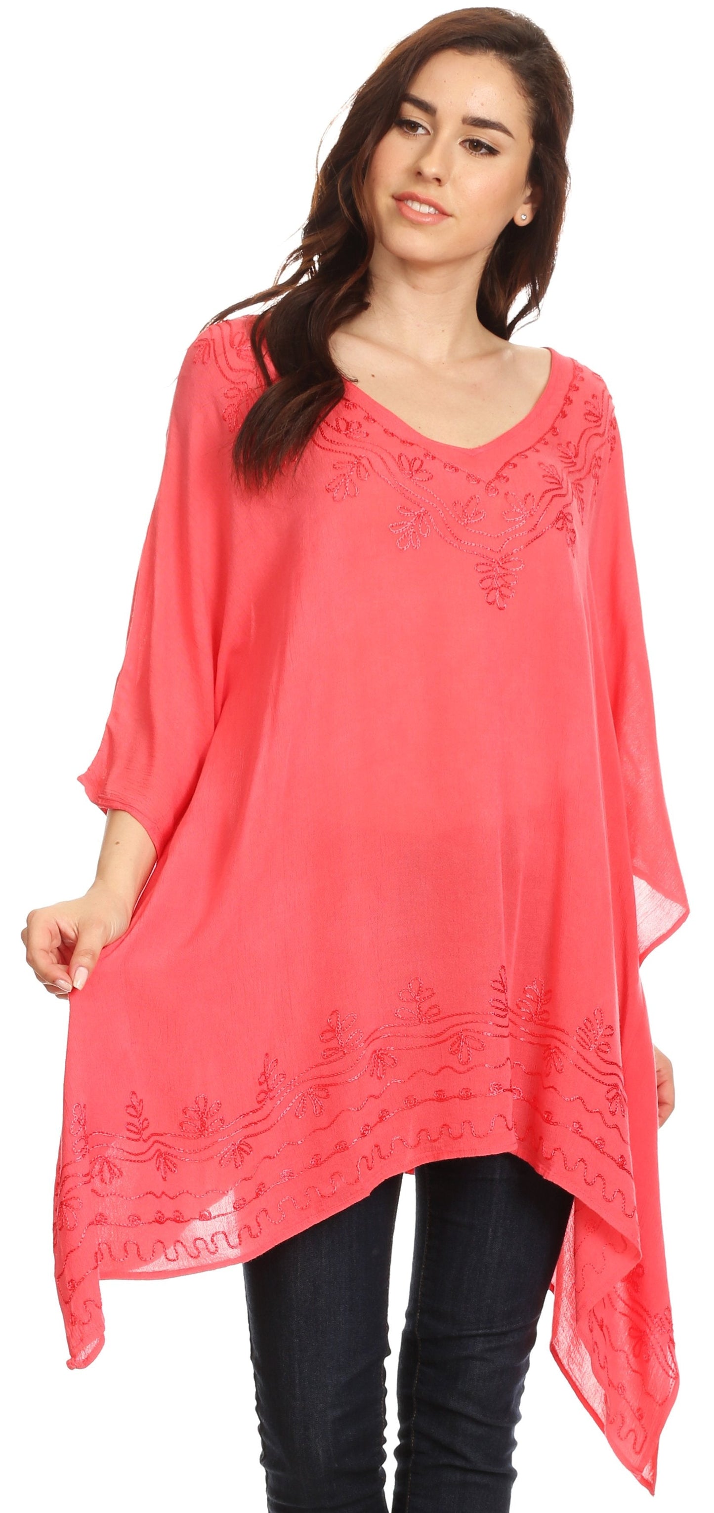 Sakkas Wren Lightweight Circle Poncho Top Blouse With Detailed Embroidery - Concordia Style Boutique