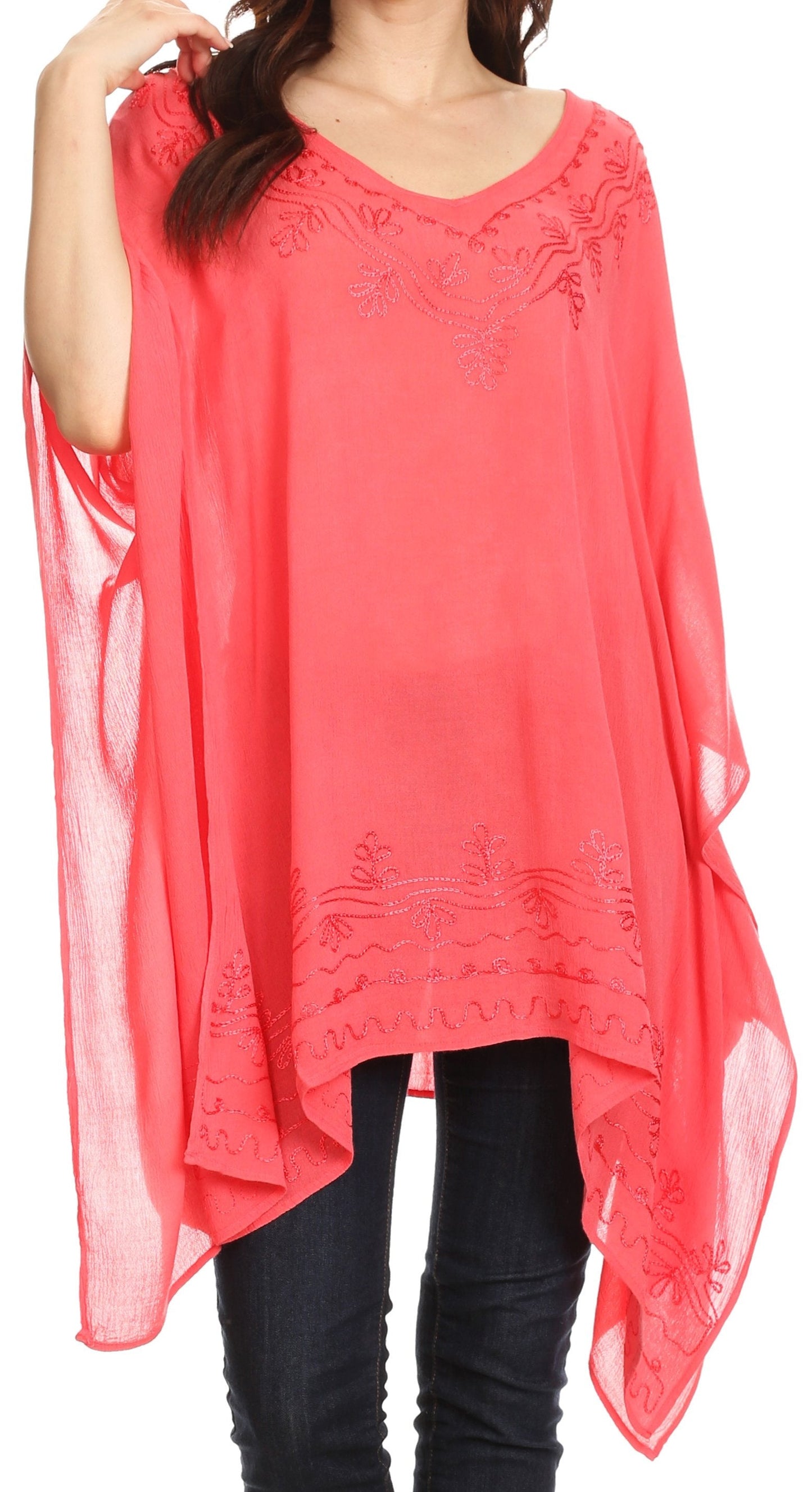 Sakkas Wren Lightweight Circle Poncho Top Blouse With Detailed Embroidery - Concordia Style Boutique