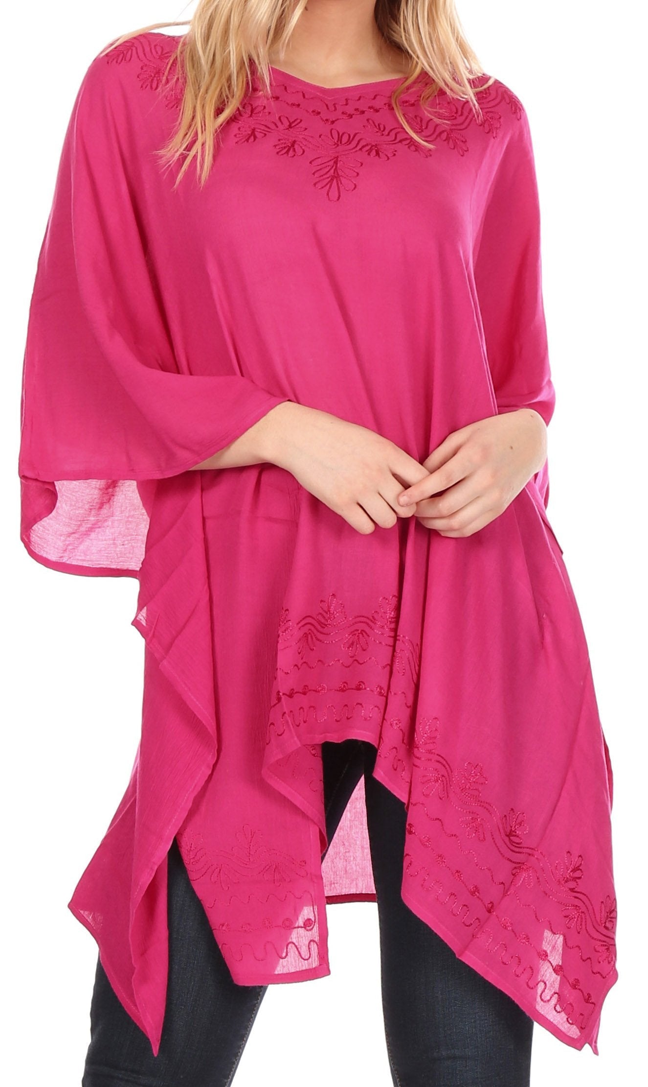 Sakkas Wren Lightweight Circle Poncho Top Blouse With Detailed Embroidery - Concordia Style Boutique