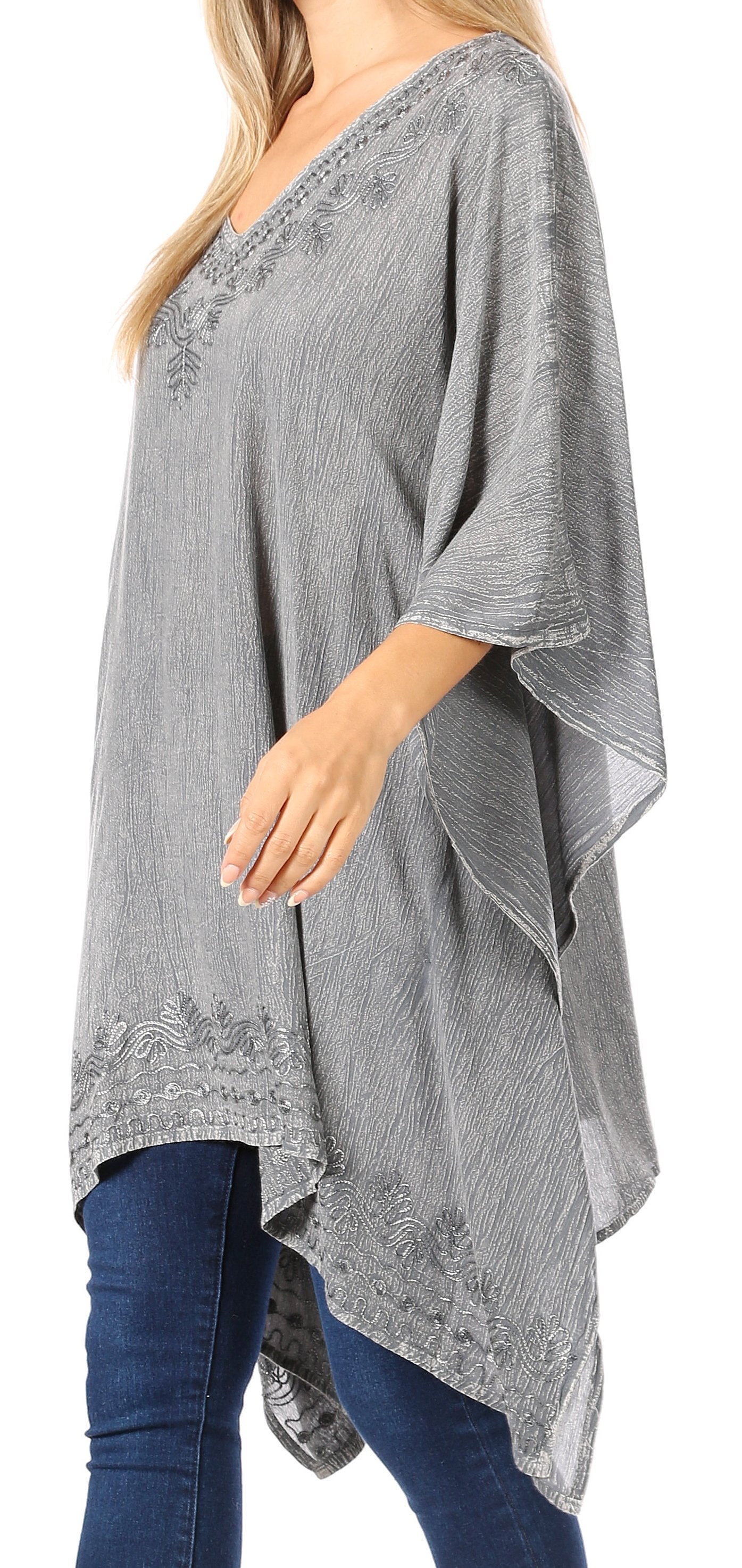 Sakkas Wren Lightweight Circle Poncho Top Blouse With Detailed Embroidery - Concordia Style Boutique