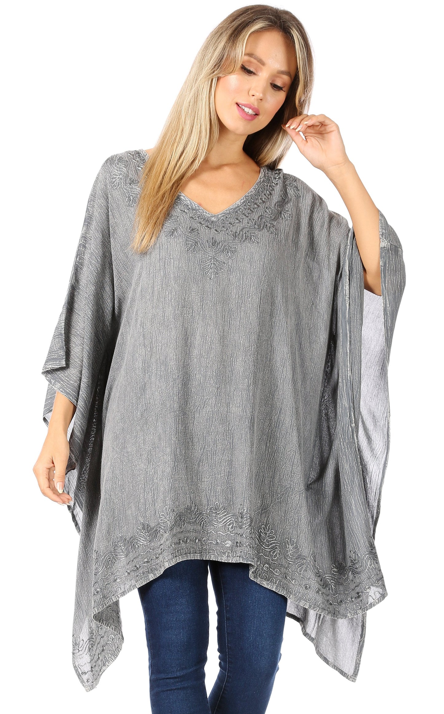 Sakkas Wren Lightweight Circle Poncho Top Blouse With Detailed Embroidery - Concordia Style Boutique