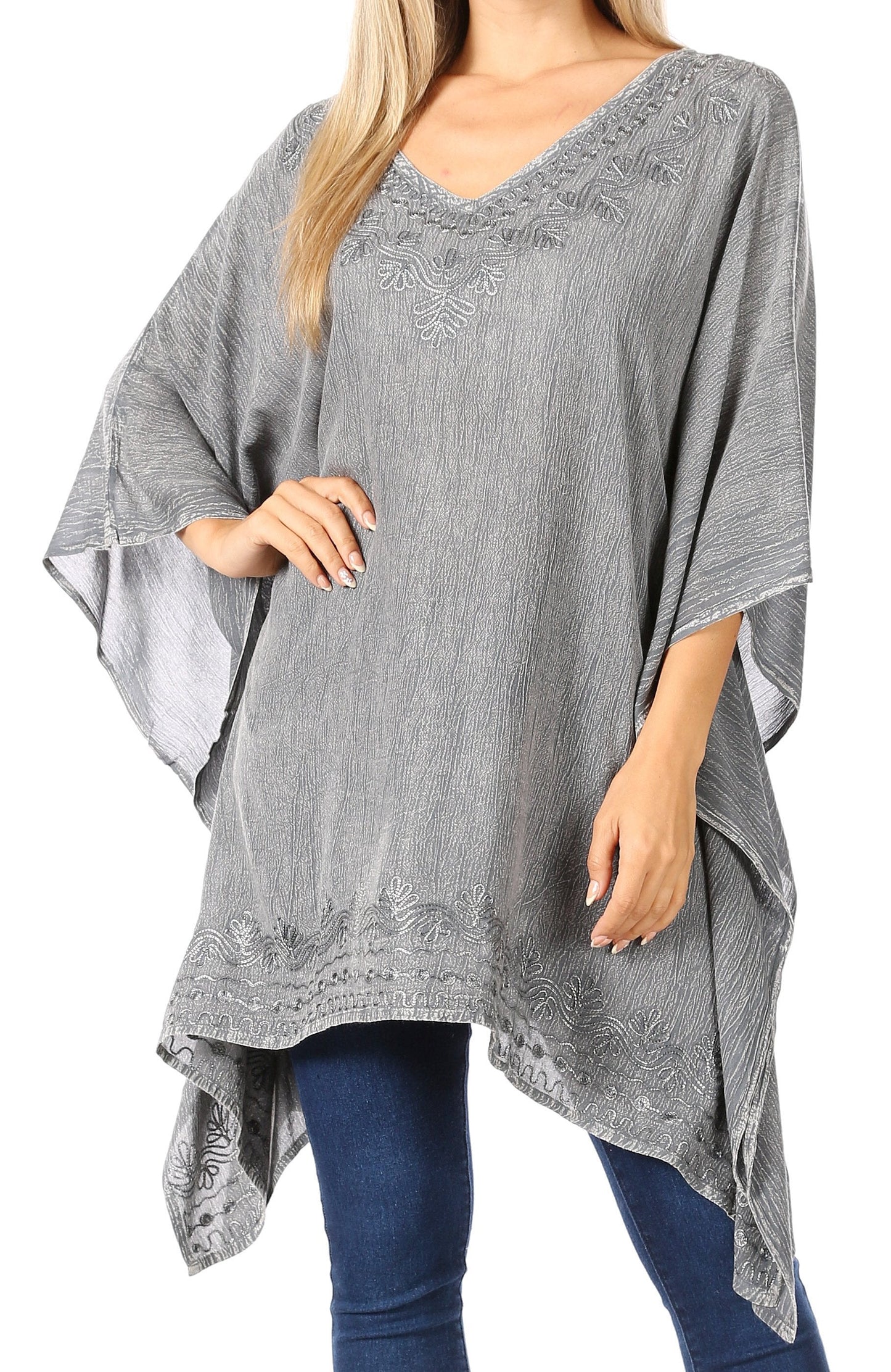 Sakkas Wren Lightweight Circle Poncho Top Blouse With Detailed Embroidery - Concordia Style Boutique