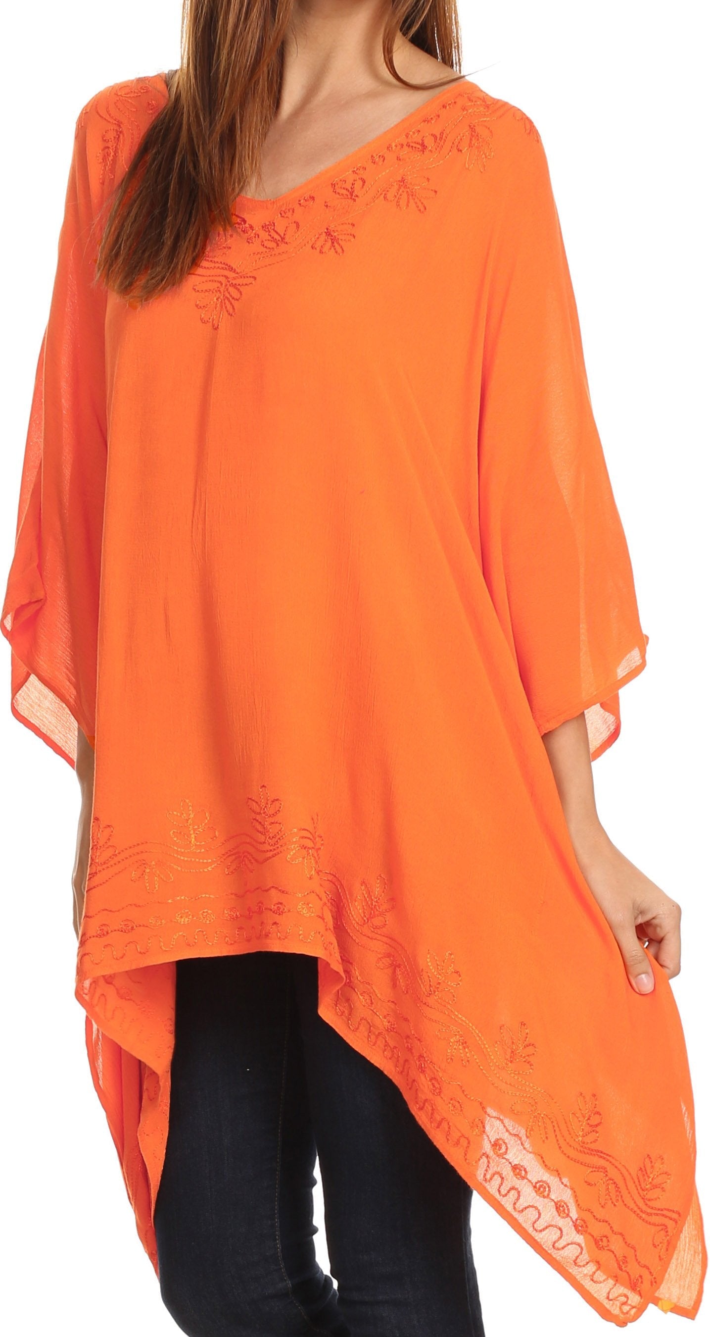 Sakkas Wren Lightweight Circle Poncho Top Blouse With Detailed Embroidery - Concordia Style Boutique
