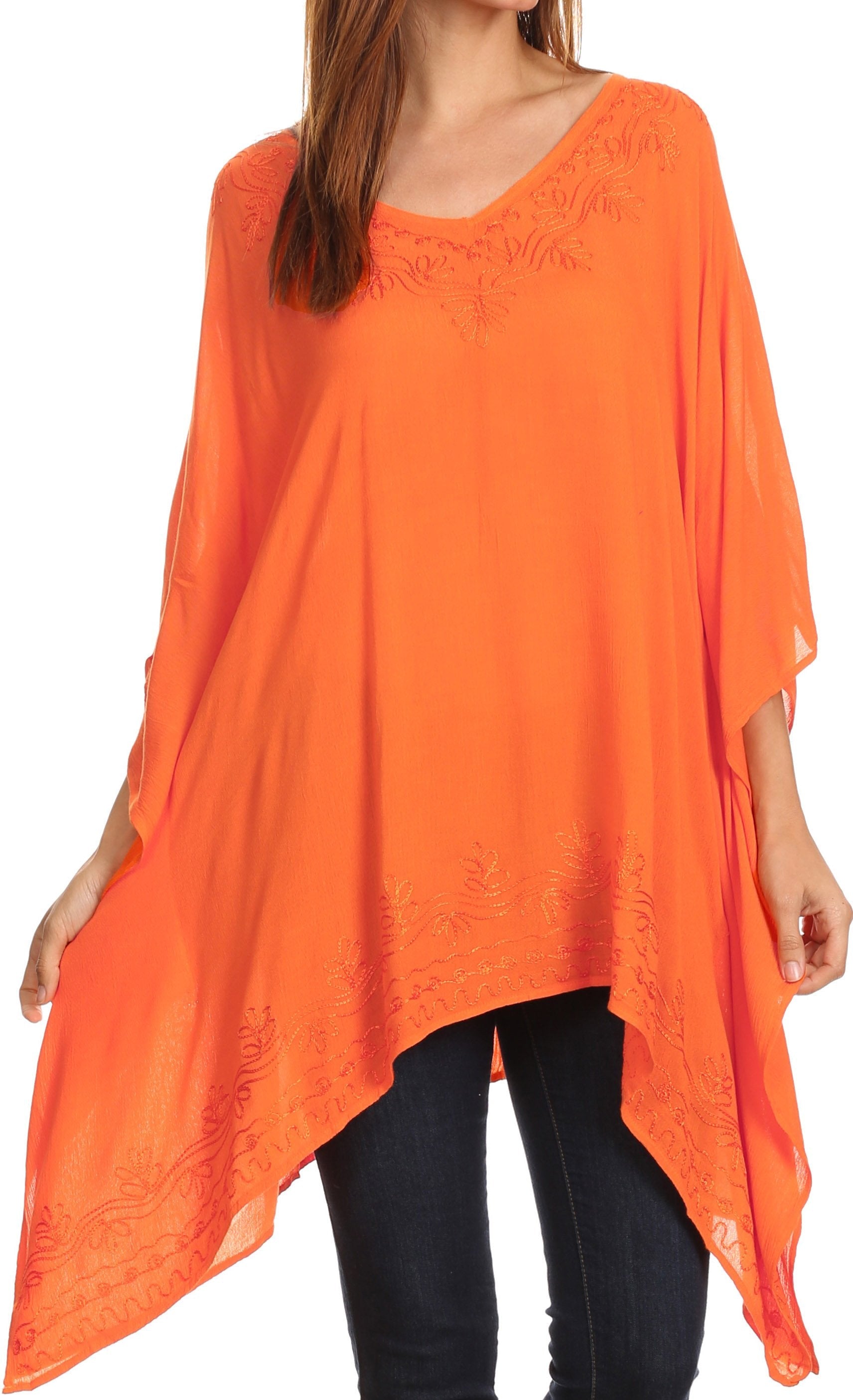 Sakkas Wren Lightweight Circle Poncho Top Blouse With Detailed Embroidery - Concordia Style Boutique