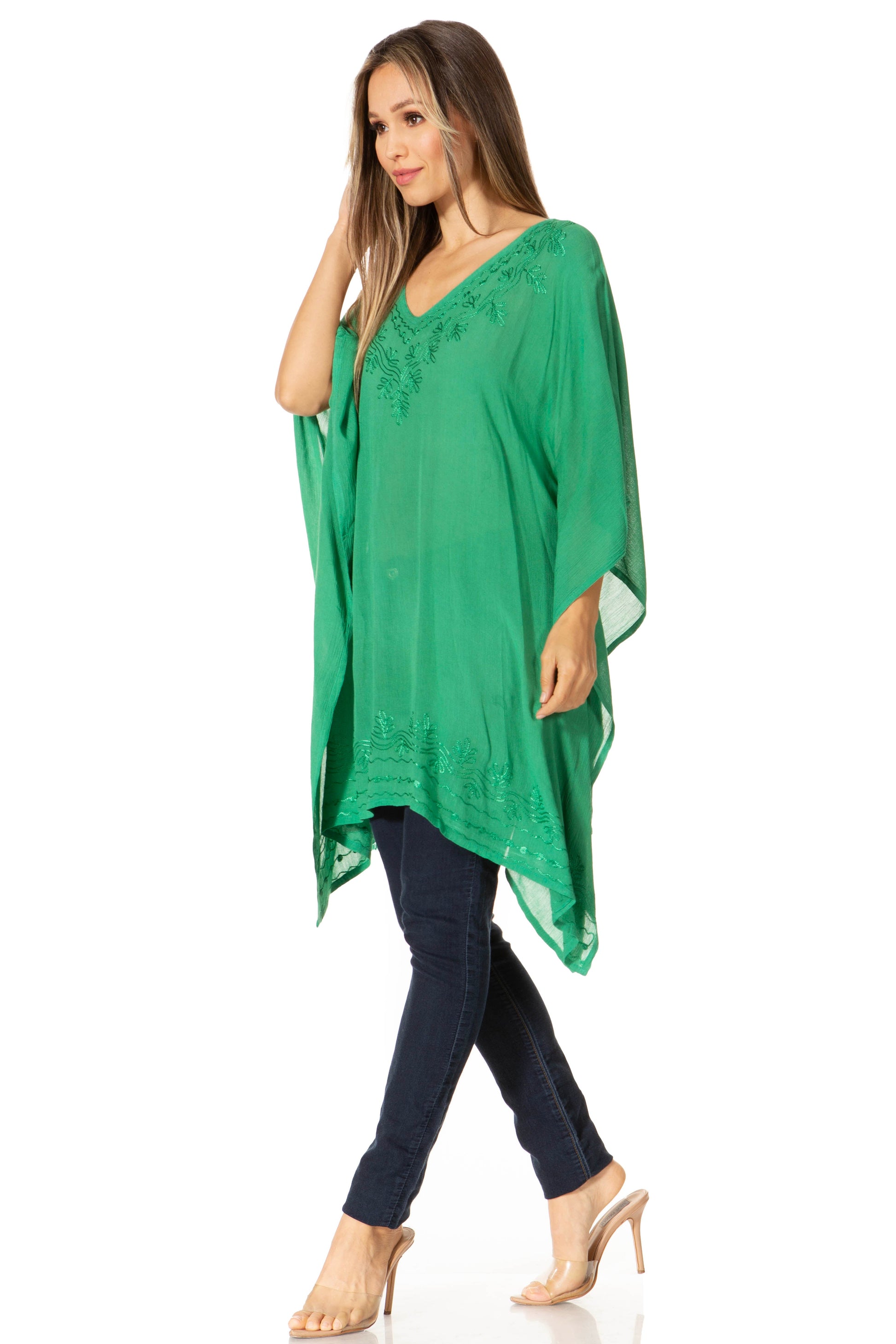 Sakkas Wren Lightweight Circle Poncho Top Blouse With Detailed Embroidery - Concordia Style Boutique